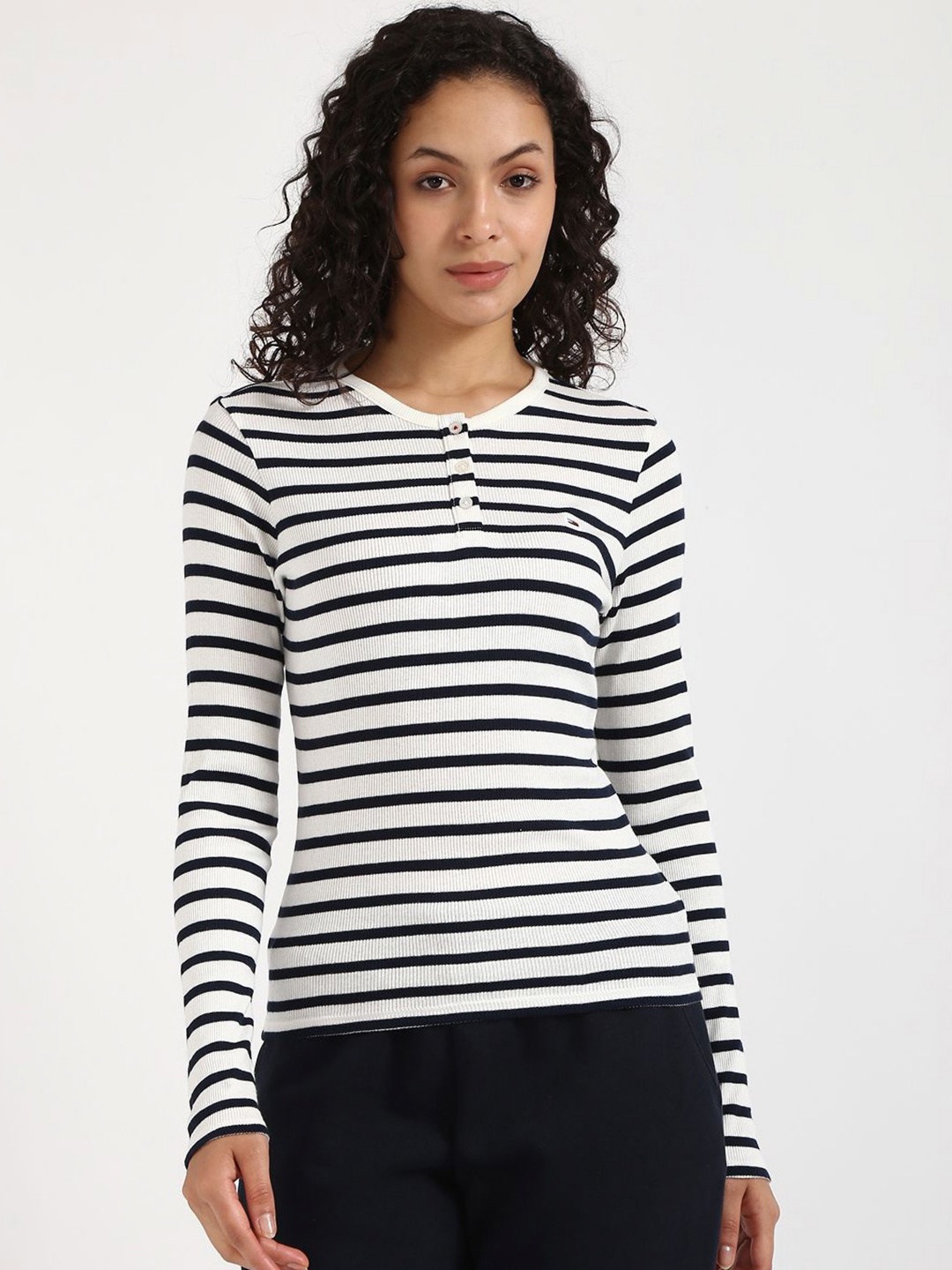 

Tommy Hilfiger Women Striped Monochrome Applique Slim Fit T-shirt, Blue