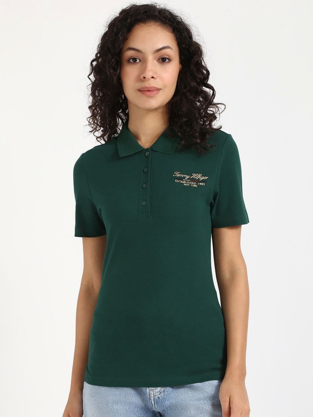 

Tommy Hilfiger Women Polo Collar Pockets Slim Fit T-shirt, Green