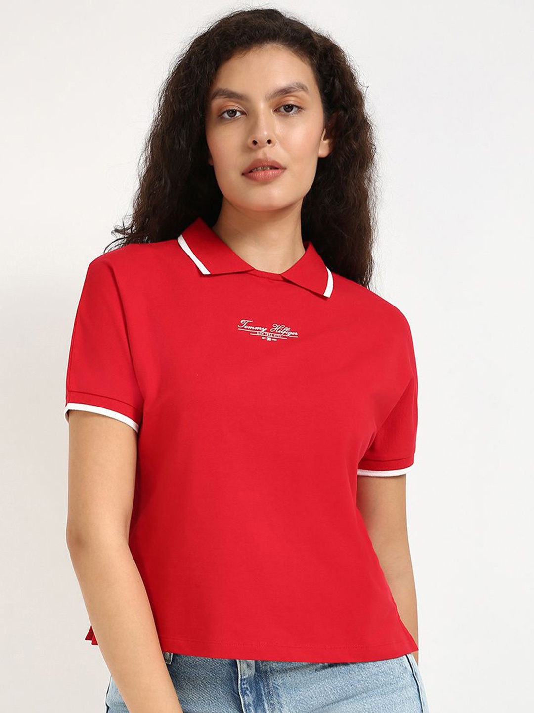 

Tommy Hilfiger Women Polo Collar Pockets T-shirt, Red