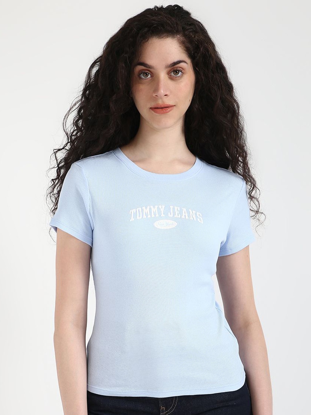 

Tommy Hilfiger Women Typography Pockets Slim Fit T-shirt, Blue