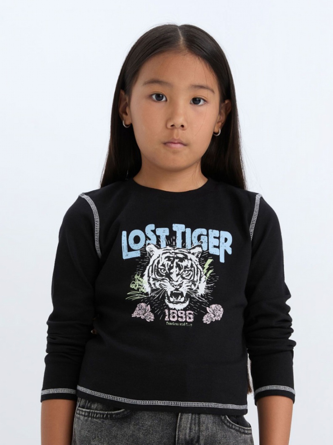 DeFacto Girls Typography Printed High Neck T-shirt, Na