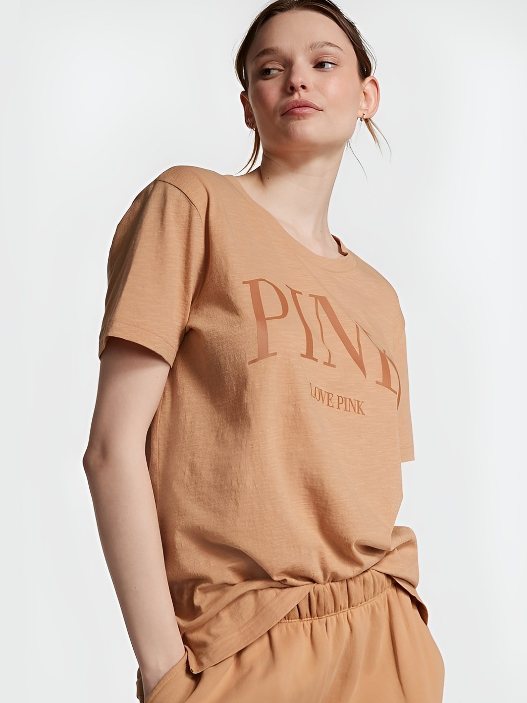 

Victoria's Secret Women Typography Printed Round Neck Cotton T-shirt, Beige