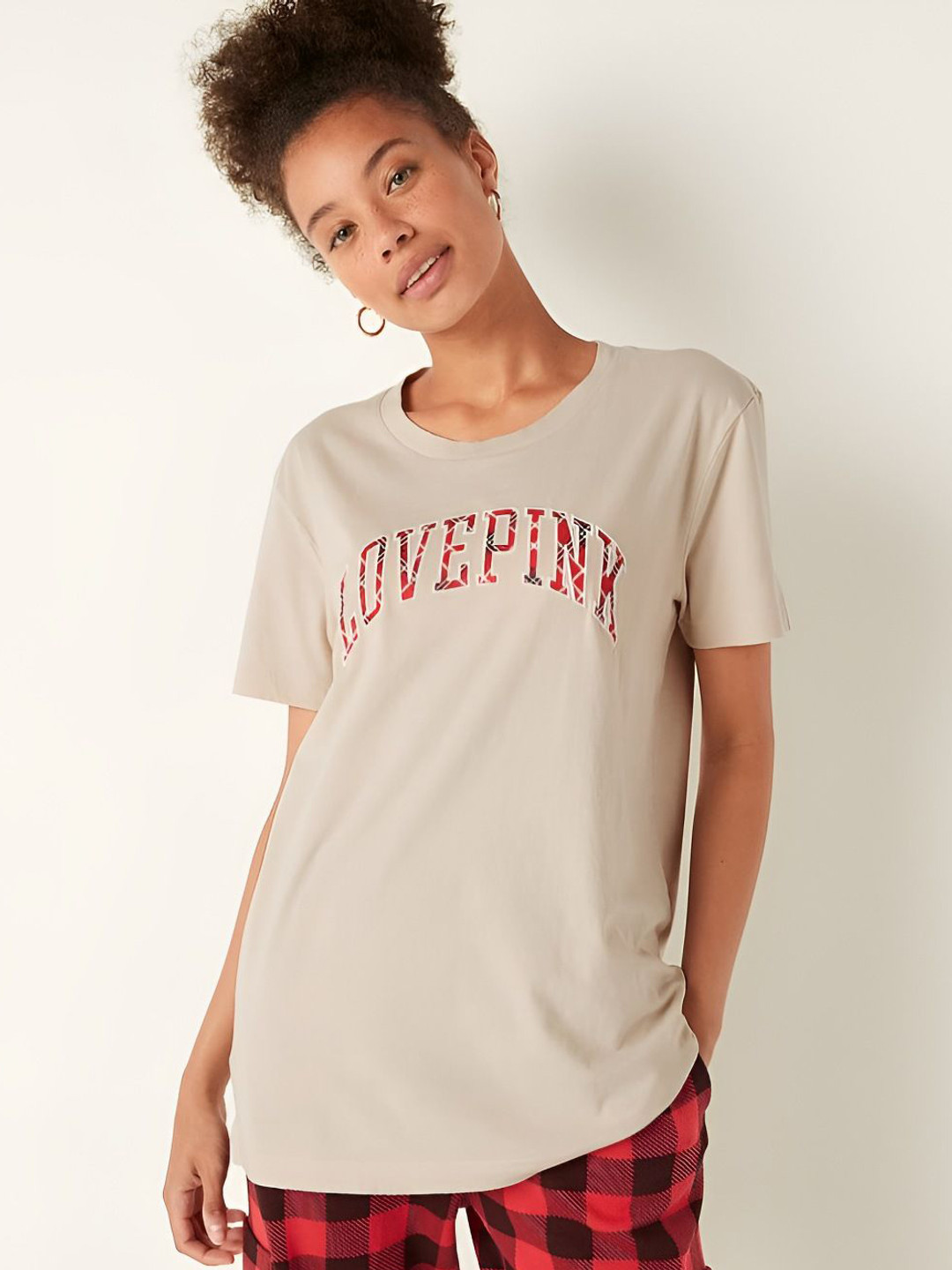 

Victoria's Secret Women Typography Printed Round Neck Cotton T-shirt, Beige