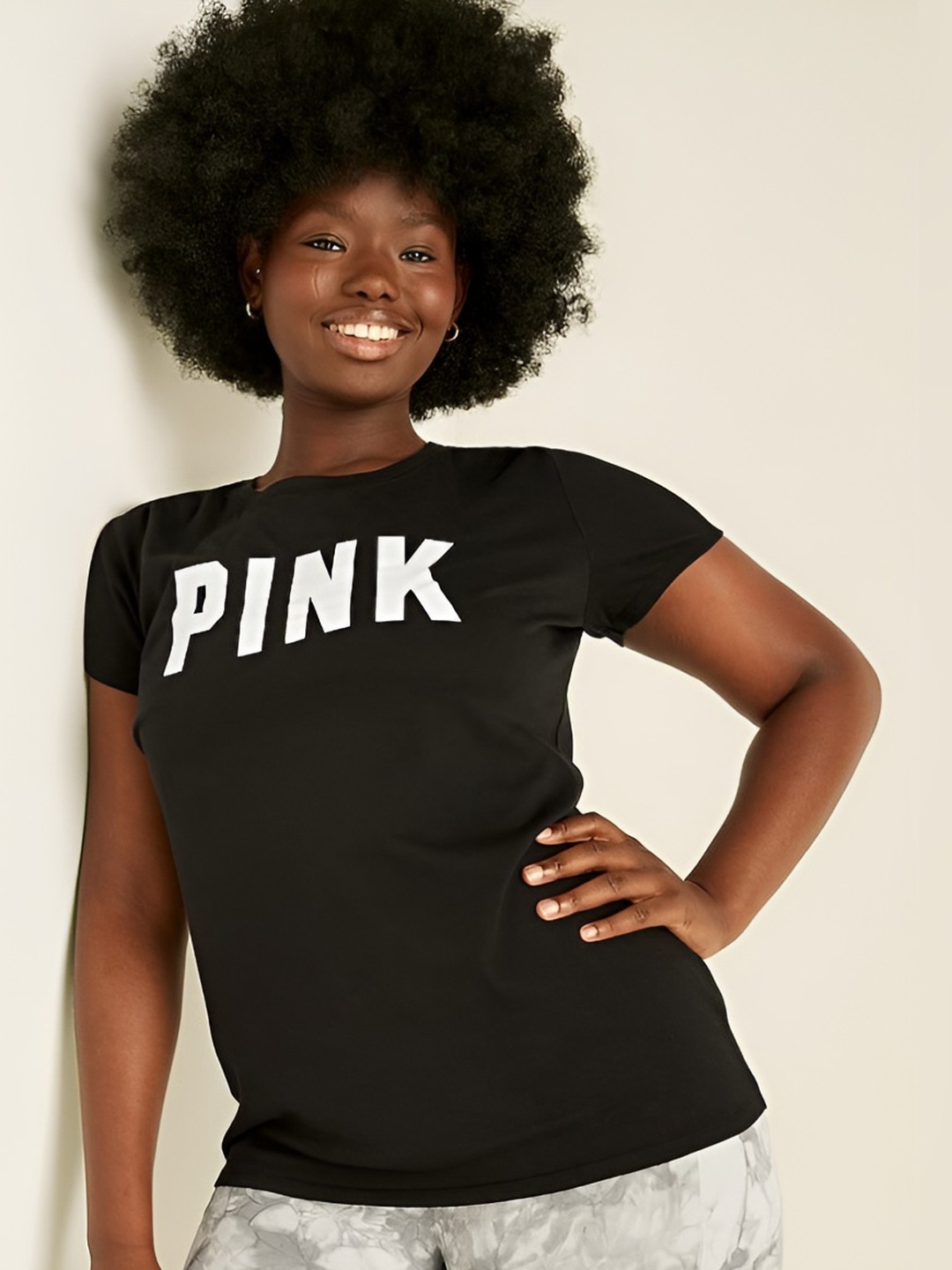 

Victoria's Secret Women Typography Printed Round Neck Cotton T-shirt, Black