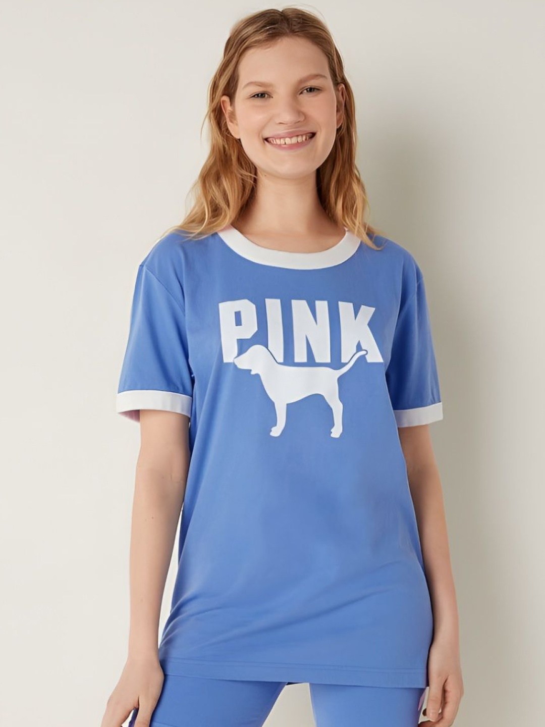 

Victoria's Secret Women Typography Printed Round Neck Cotton T-shirt, Blue