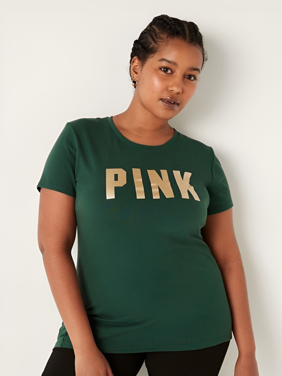 

Victoria's Secret Women Typography Printed Round Neck Cotton T-shirt, Green