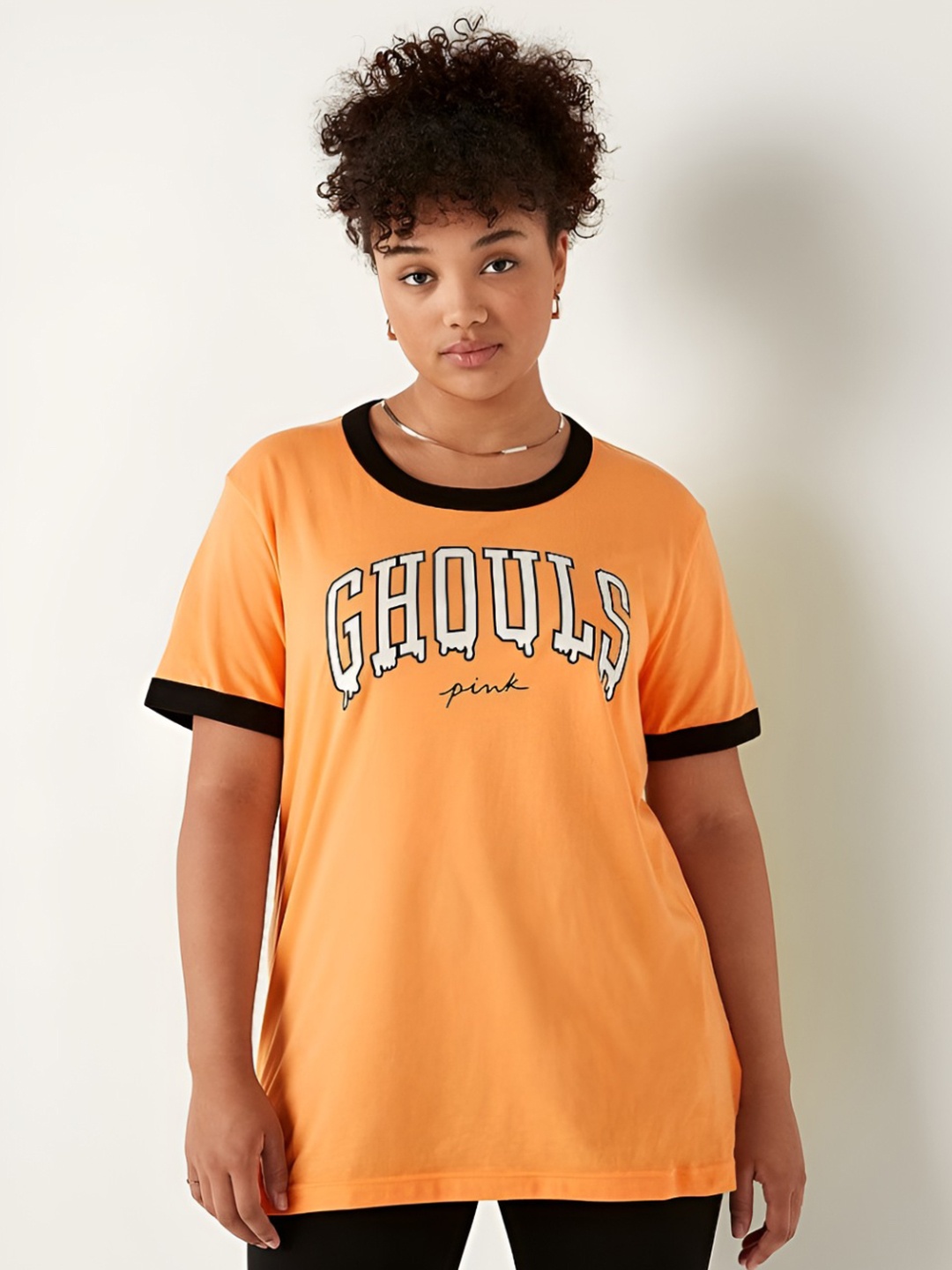 

Victoria's Secret Women Typography Printed Raw Edge T-shirt, Orange