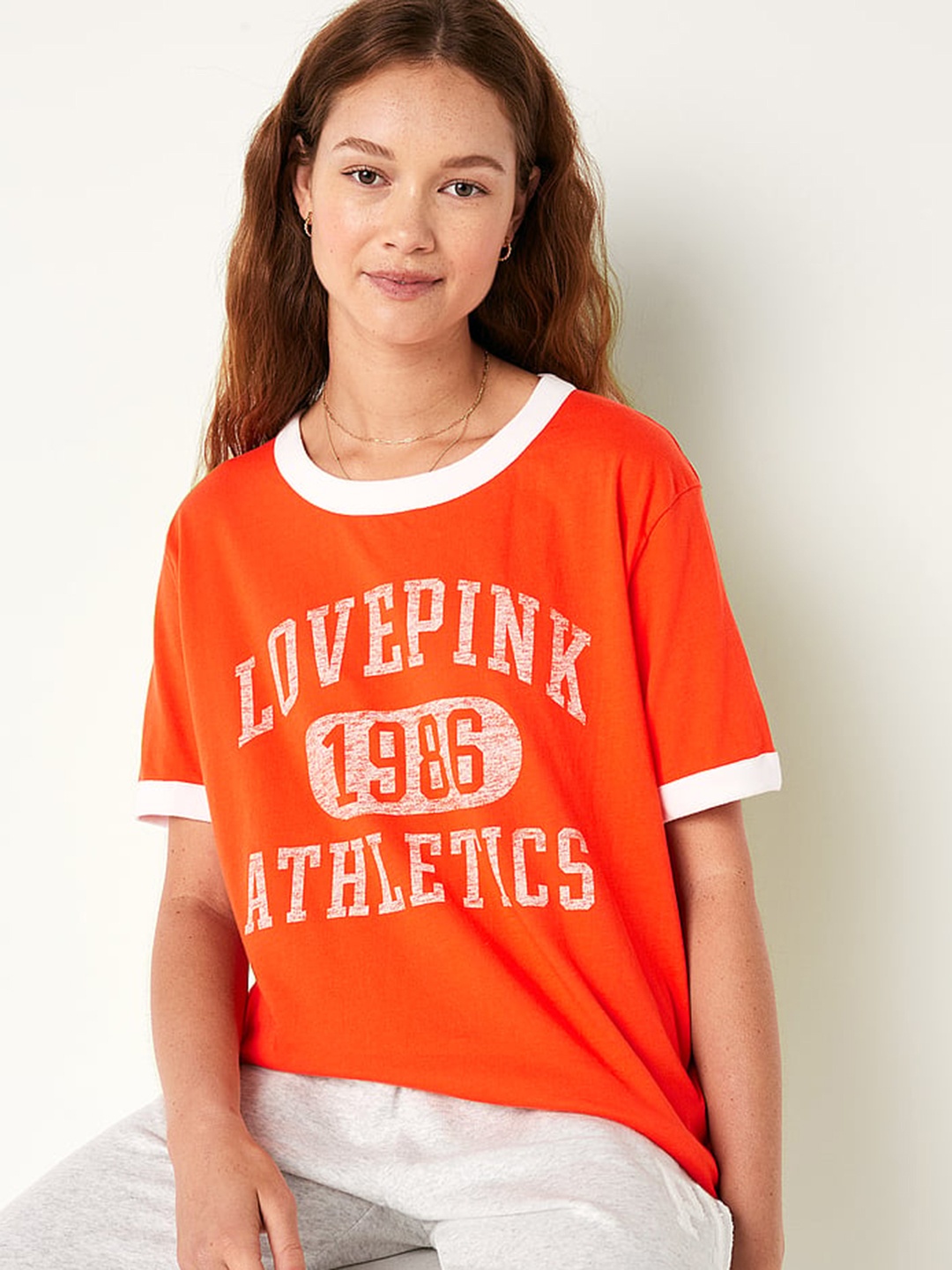 

Victoria's Secret Women Typography Printed Round Neck Cotton Relaxed Fit T-shirt, Orange