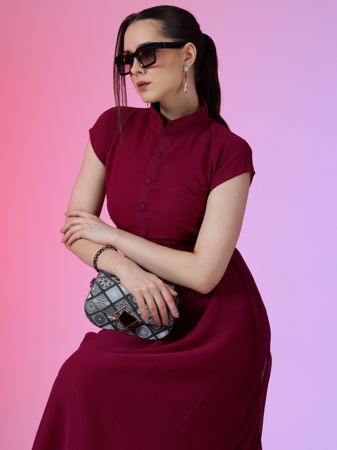 

Femvy Peter Women Cap Sleeves Georgette Fit & Flare Midi Dress, Magenta