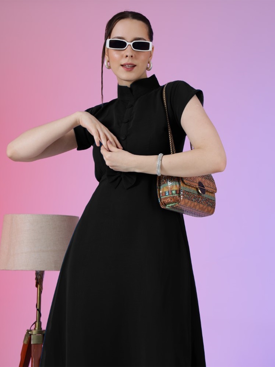 

Krunal Raiyani Women High Neck Georgette Fit & Flare Maxi Dress, Black
