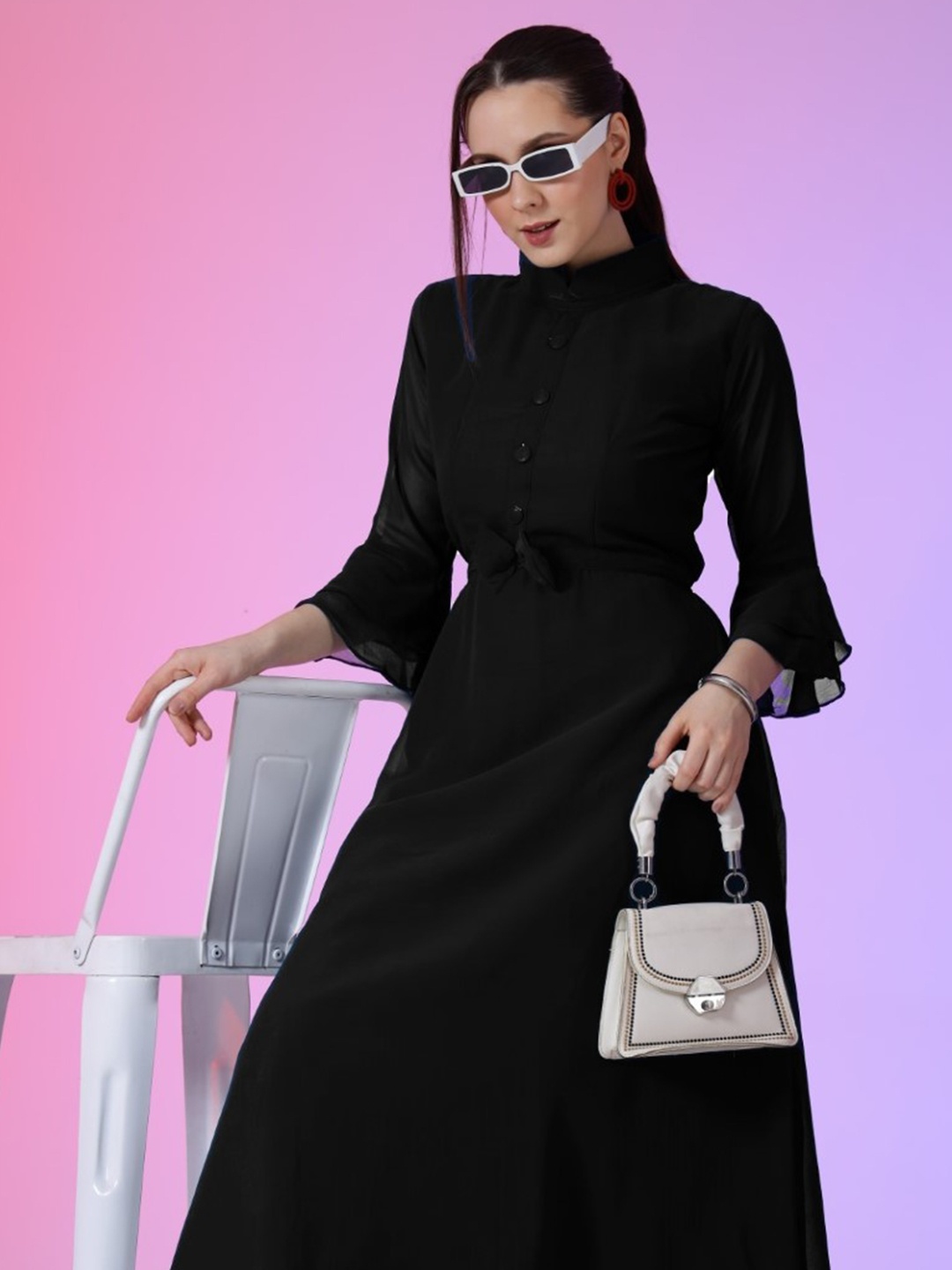 

Femvy Women Flared Sleeve Fit & Flare Maxi Dress, Black