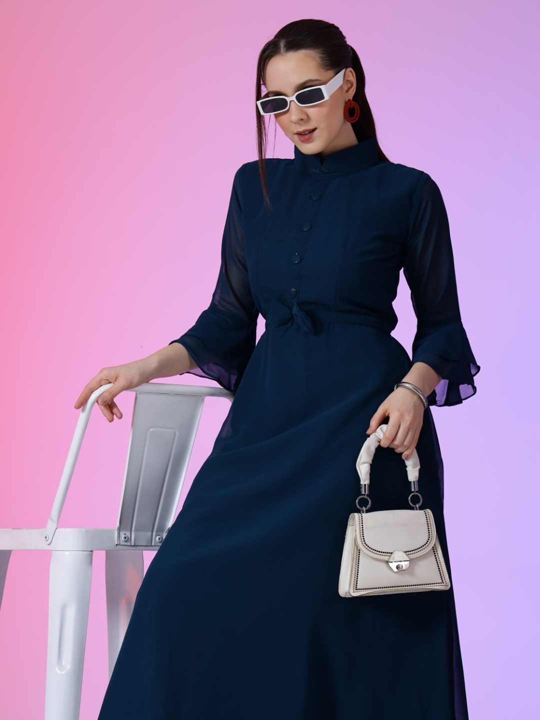 

Krunal Raiyani Women Flared Sleeve Fit & Flare Maxi Dress, Blue