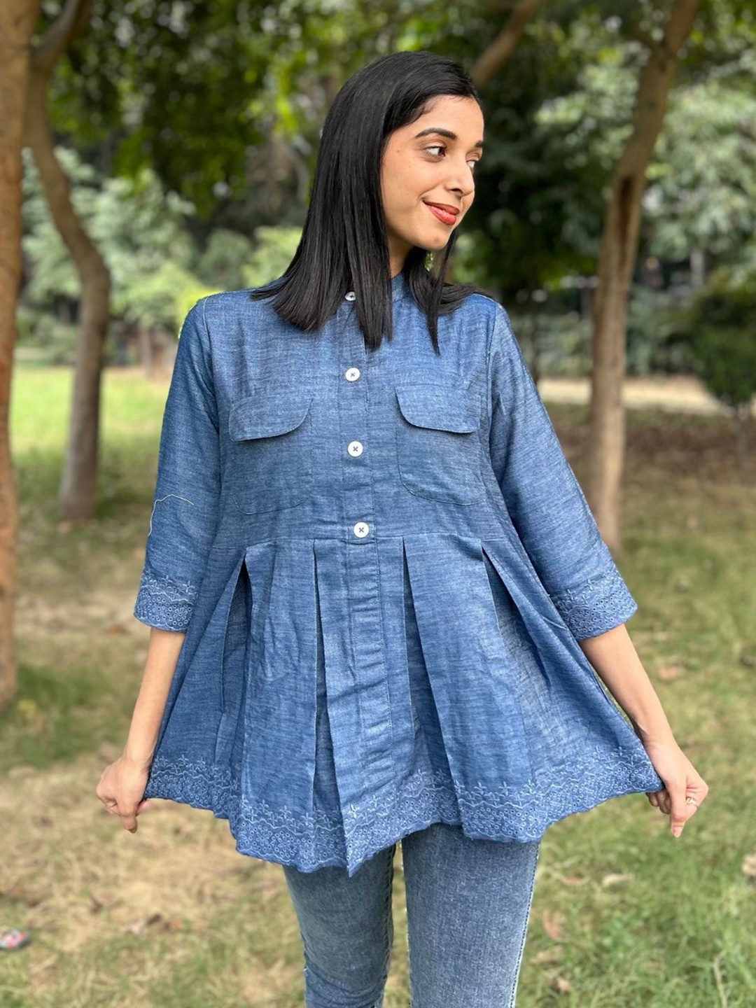 

SUNFAIRY Women Cotton Denim Shirt Style Longline Top, Blue