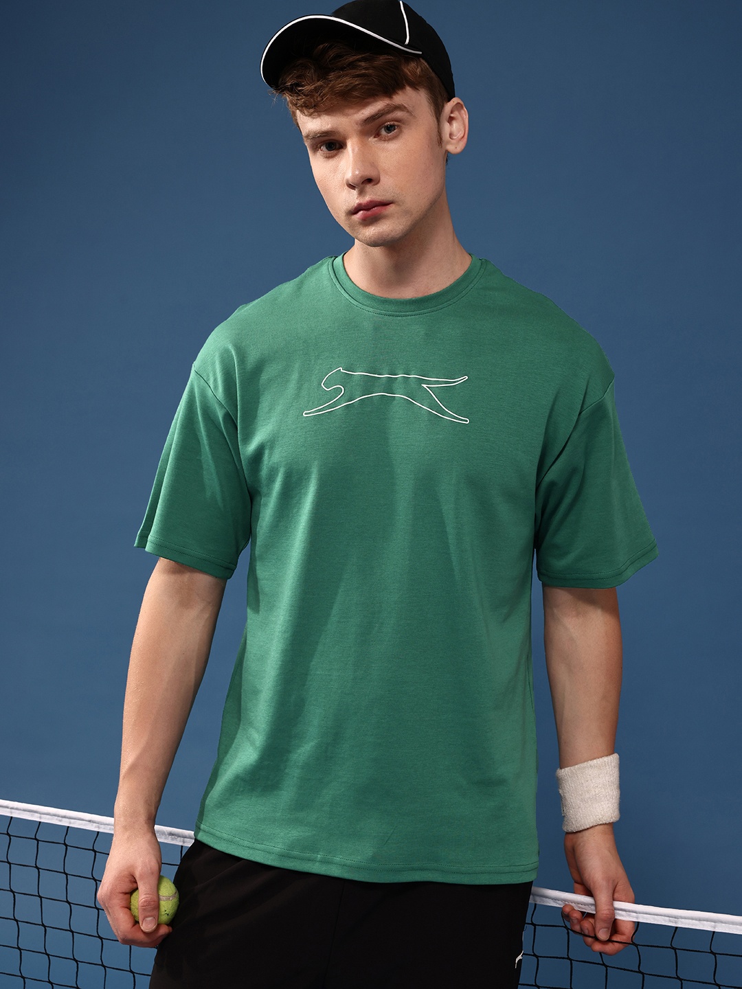 

Slazenger Brand Logo Printed Drop-Shoulder Sleeves Relaxed Fit Pure Cotton T-shirt, Green