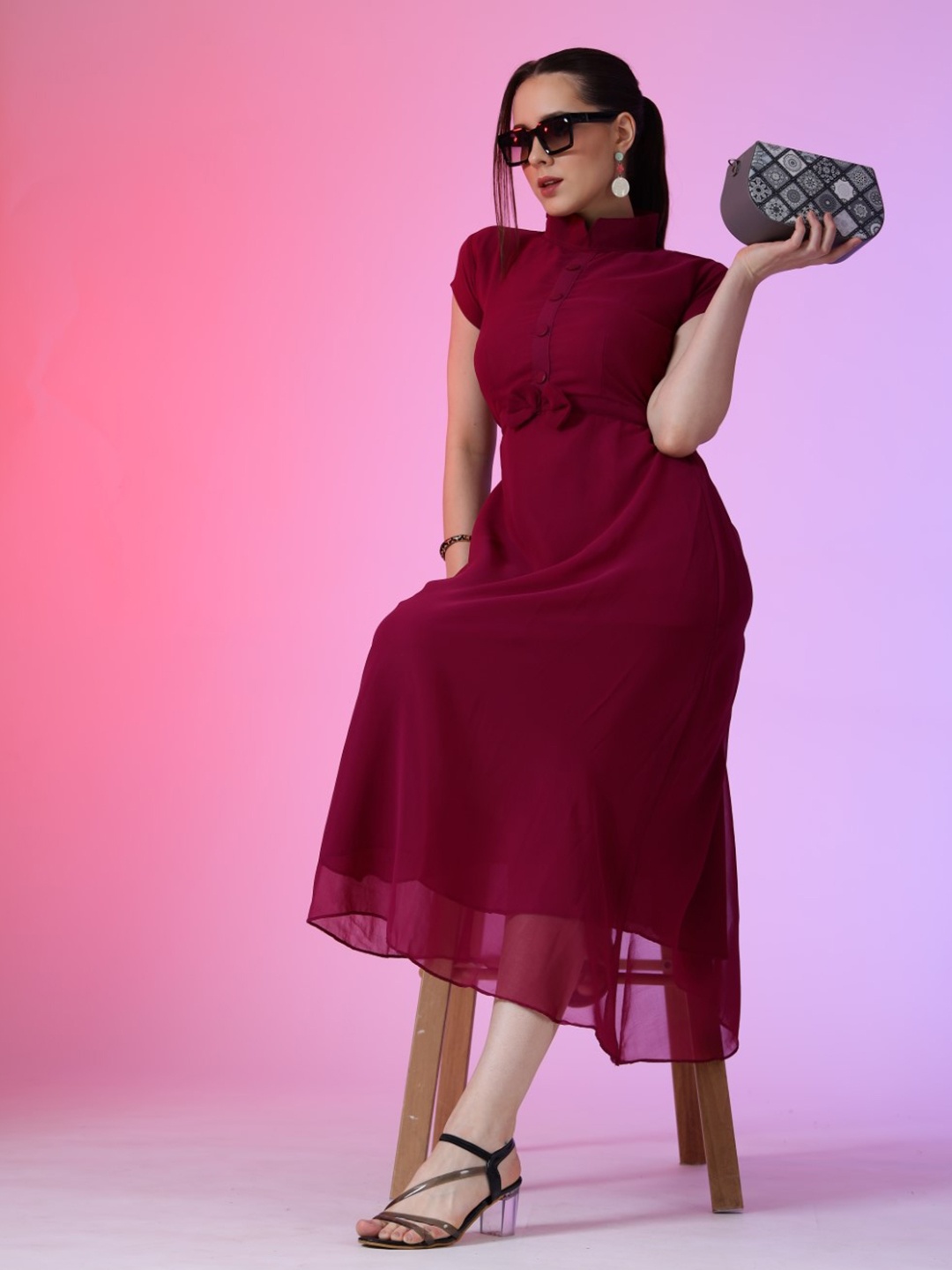 

Raiyani Enterprise Georgette High Neck Cap Sleeves Fit and Flare Maxi Dress, Magenta