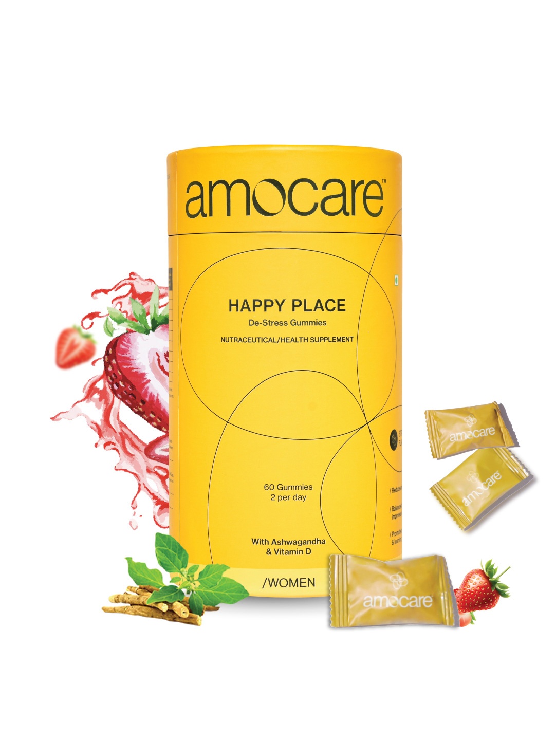 

Amocare Private Limited Happy Place Ashwagandha & Vitamin D Gummies - 60 Gummies, Yellow