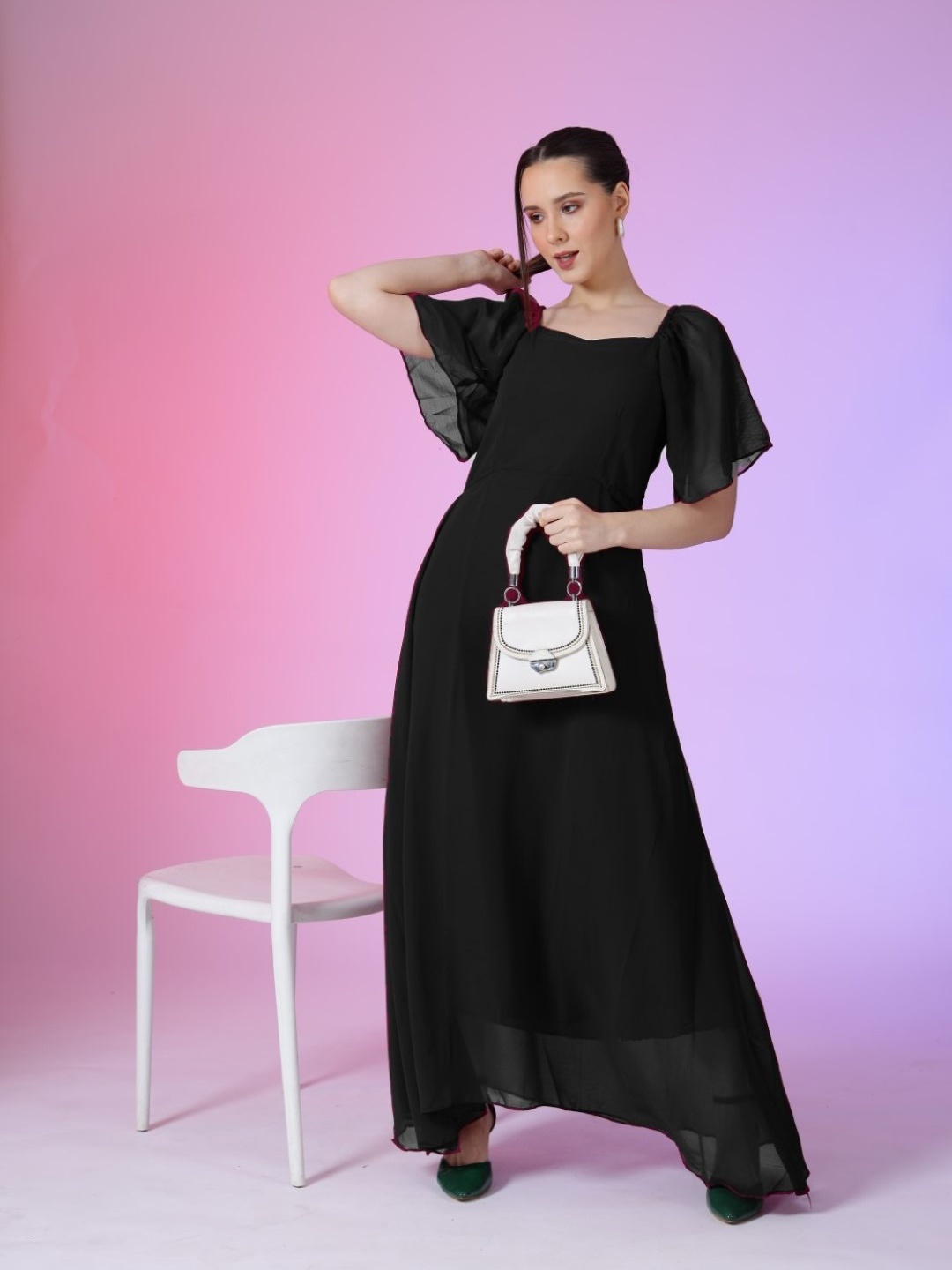 

Krunal Raiyani Women Square Neck Maxi Dress, Black