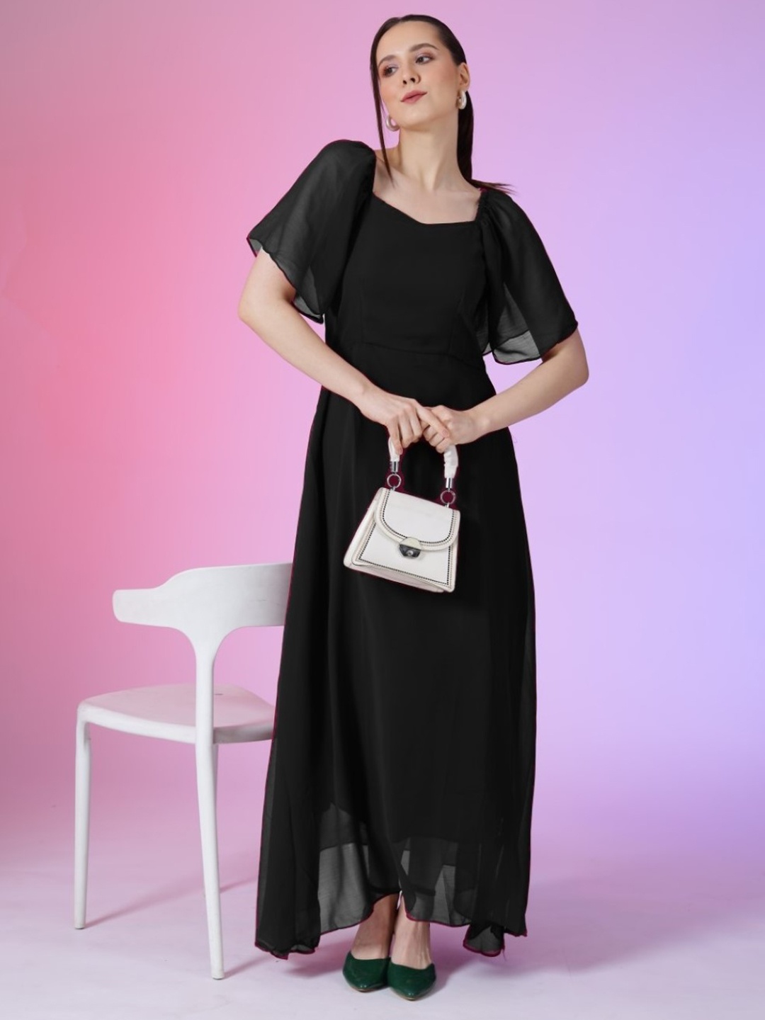 

Krunal Raiyani Women Bell Sleeve Georgette Fit & Flare Maxi Dress, Black