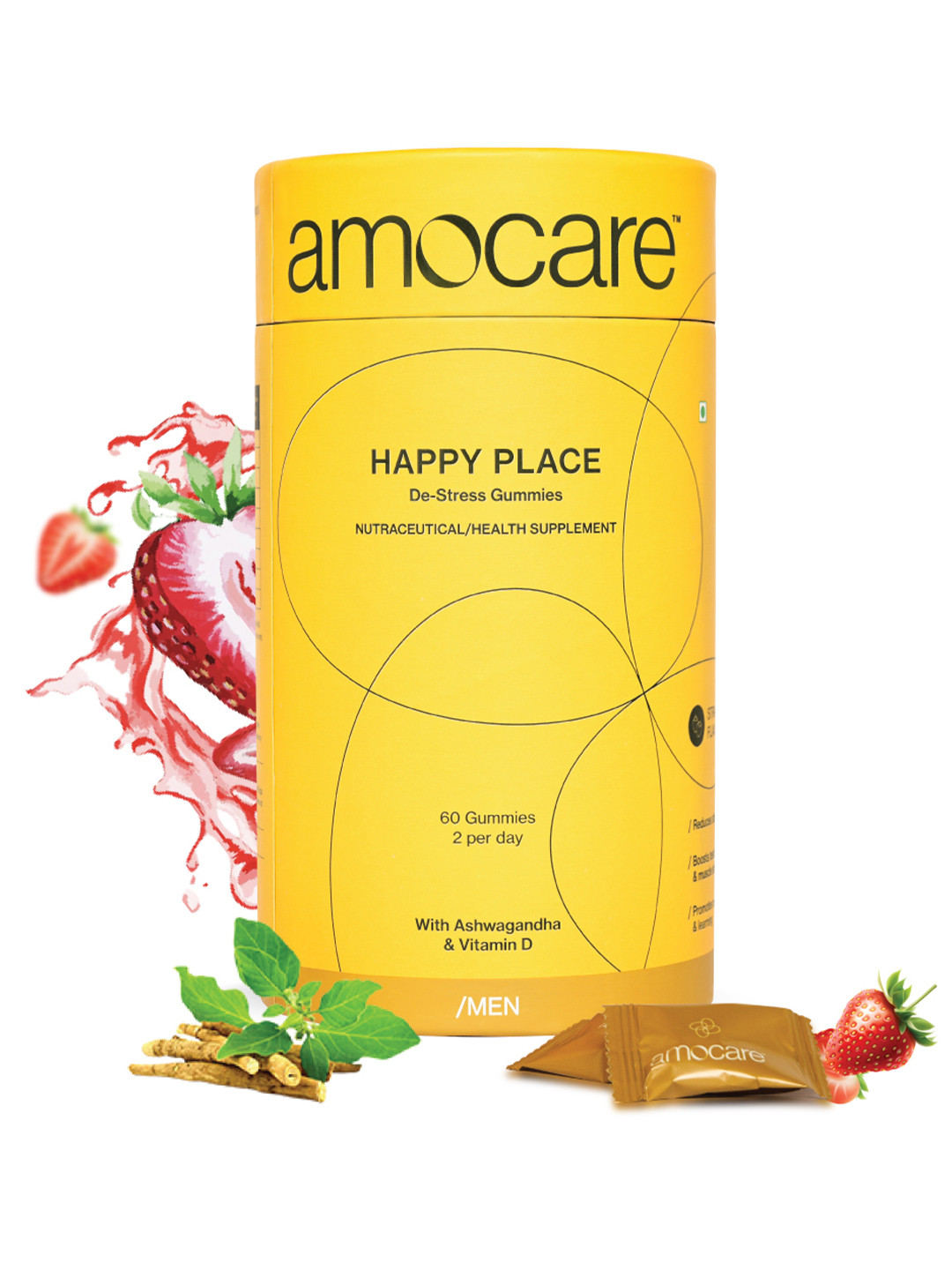 

Amocare Private Limited Happy Place Ashwagandha & Vitamin D Gummies - 60 Gummies, Yellow