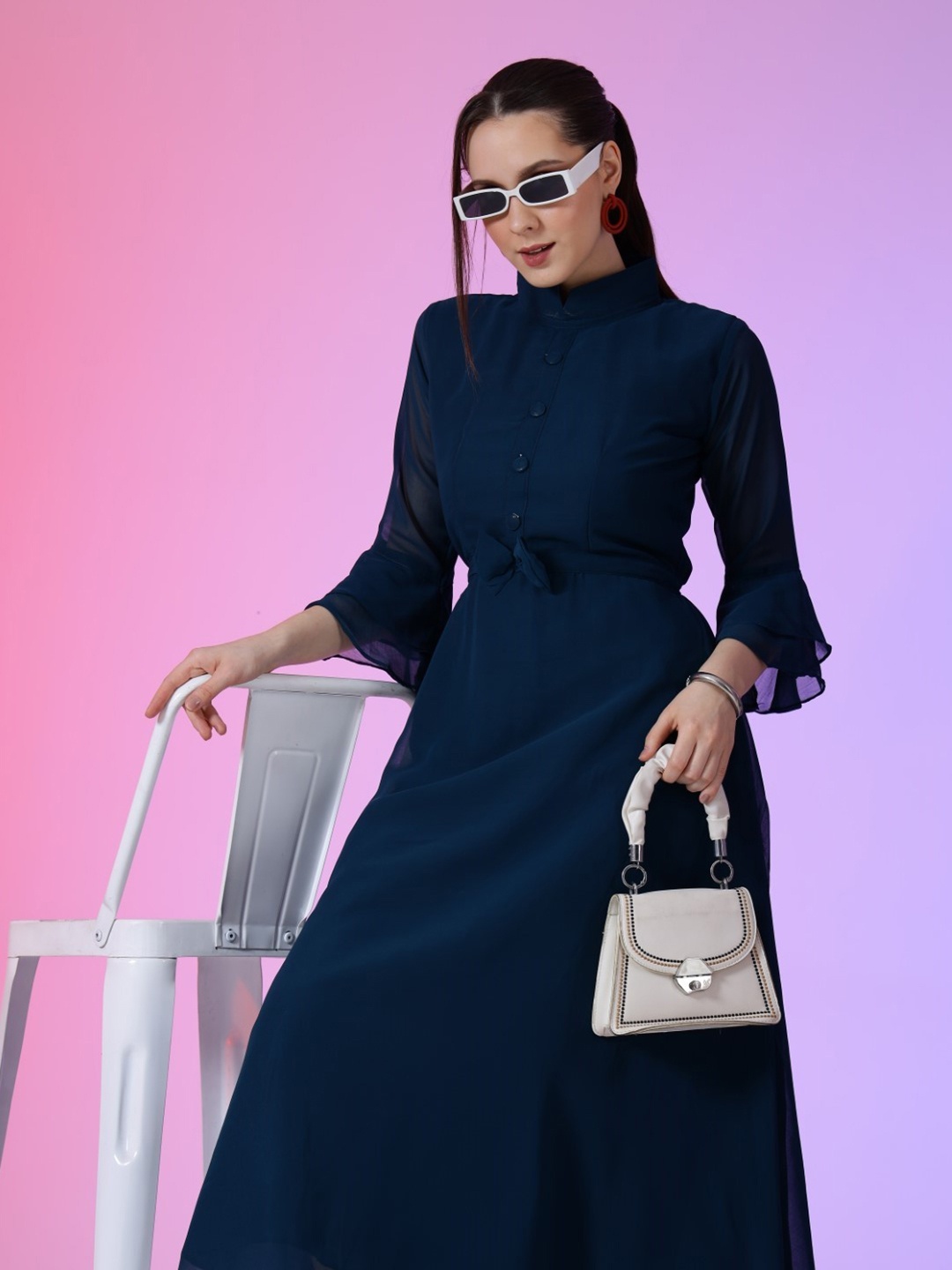 

Raiyani Enterprise Women Bell Sleeves Fit & Flare Maxi Dress, Blue