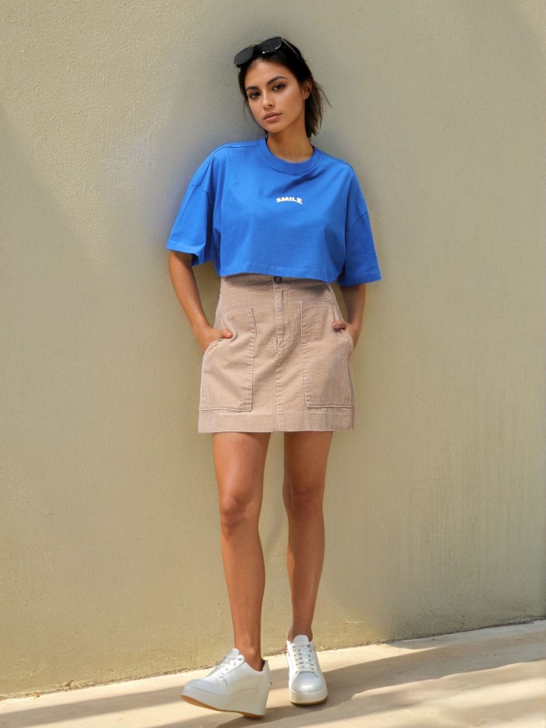 

Freehand by The Indian Garage Co Women Extended Sleeves Pockets Boxy T-shirt, Blue