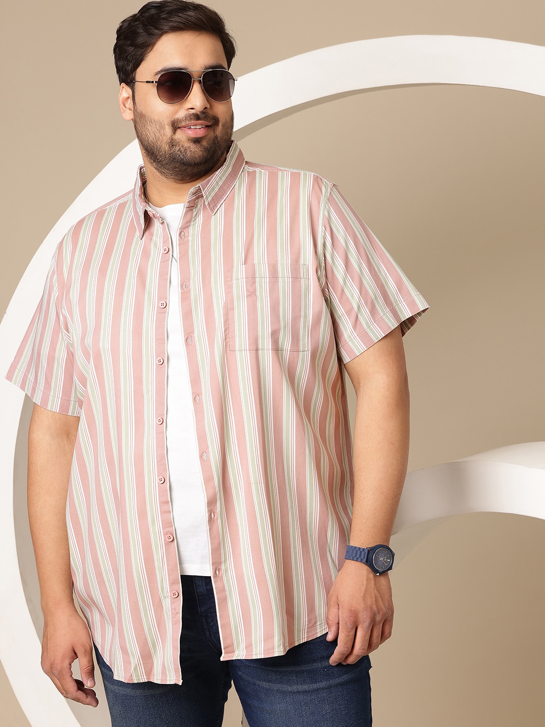 

Sztori Plus Size Striped Casual Shirt, Pink