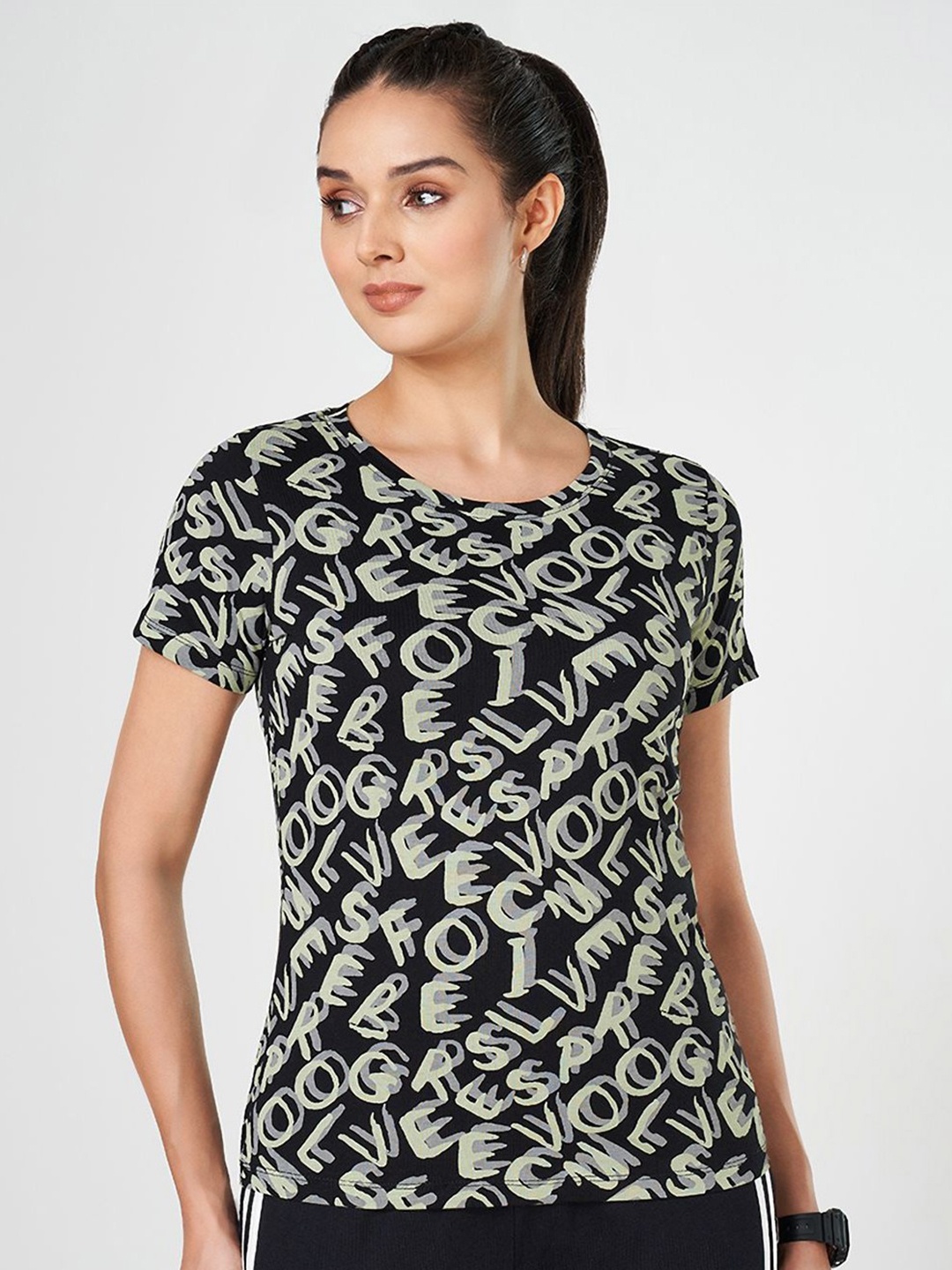 

Ajile by Pantaloons Women Printed Extended Sleeves Pockets T-shirt, Black
