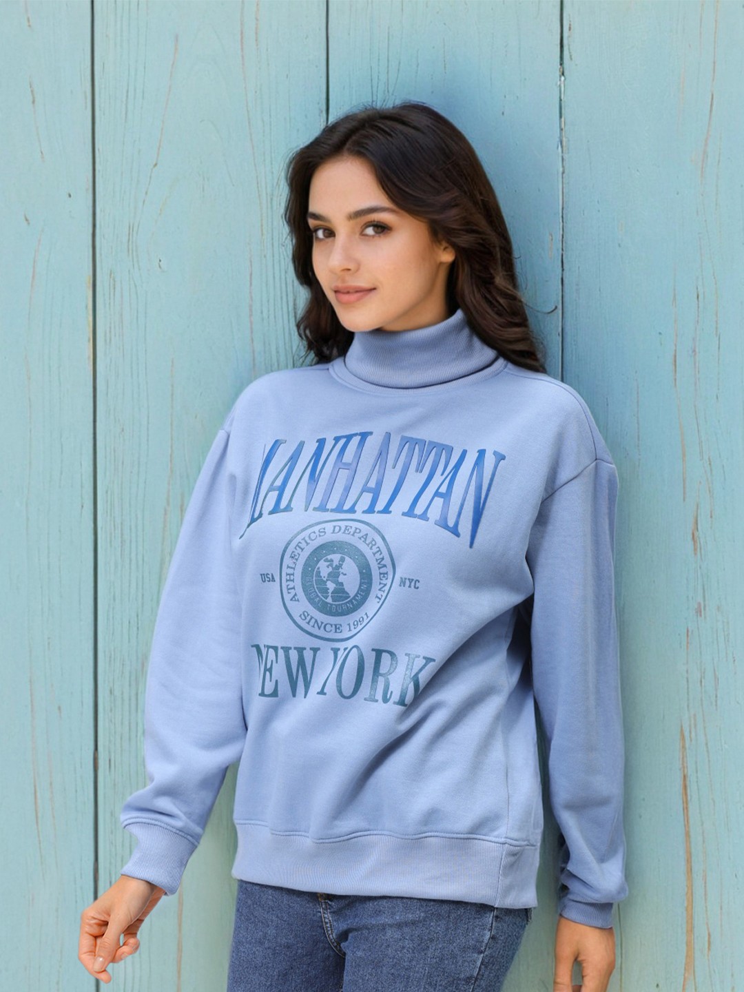 

Freehand by The Indian Garage Co Women Cotton Turtle Neck Typography Printed Sweatshirt, Blue