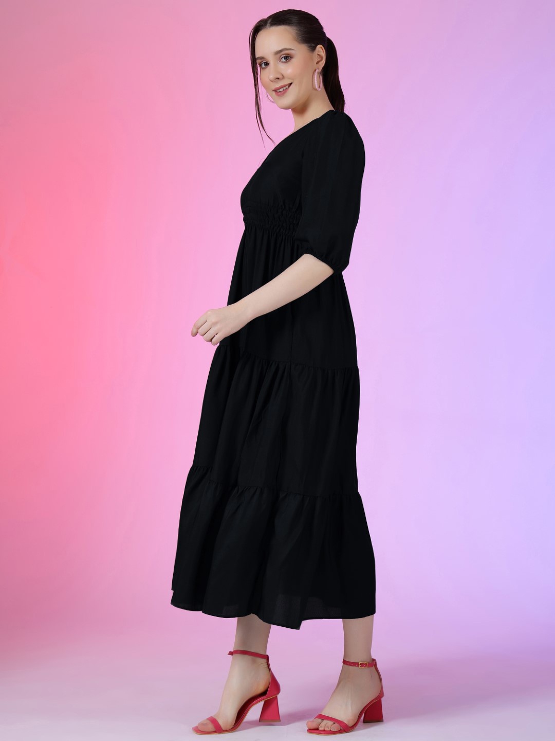 

Krunal Raiyani Women Three-Quarter Sleeves Fit & Flare Maxi Dress, Black