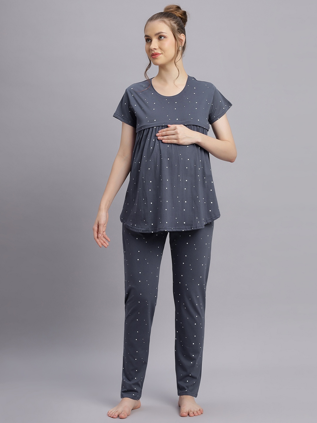 

DZZO Women Pure Cotton Polka Dots Round Neck Night suit, Grey