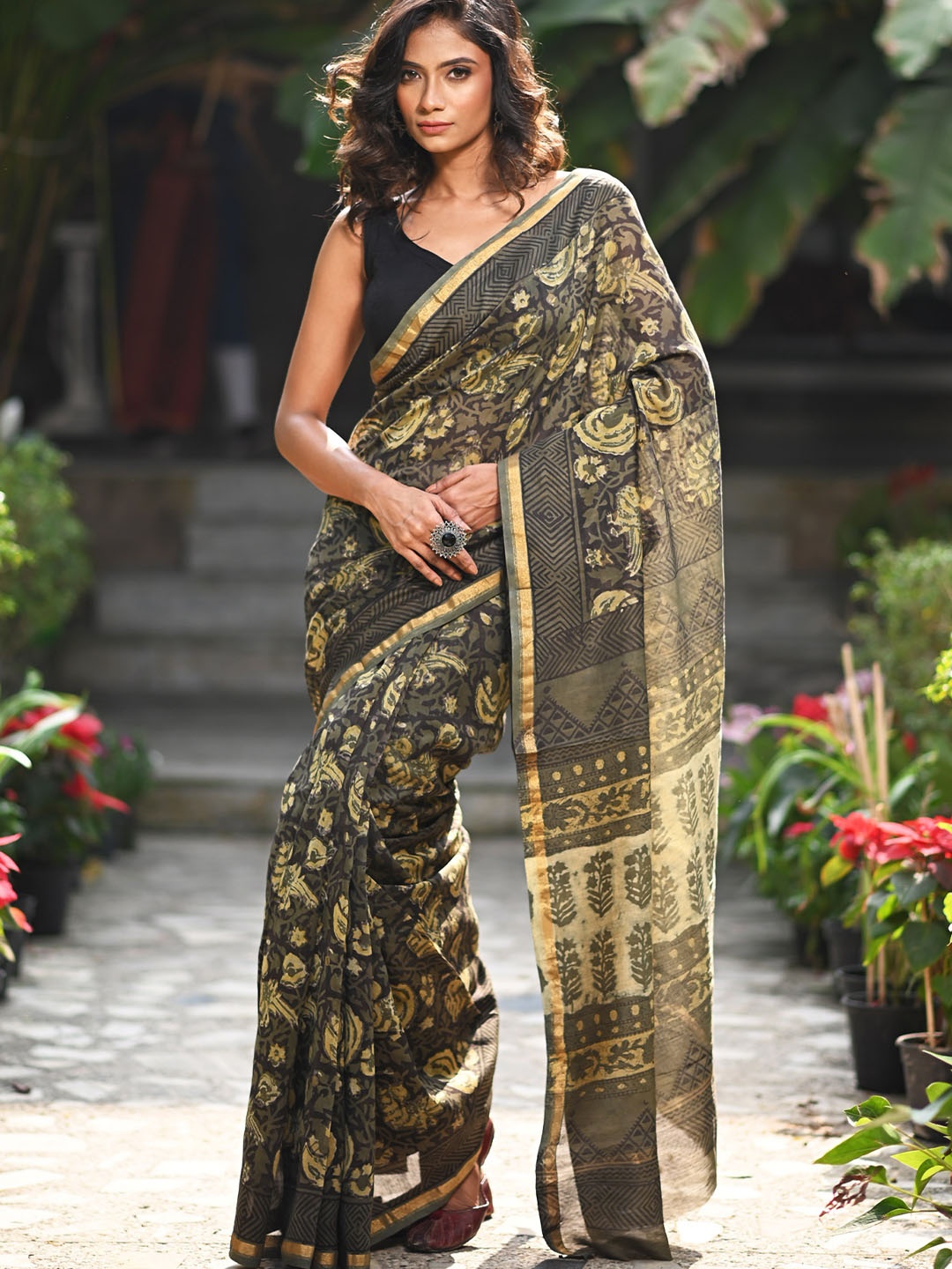 

Unnati Silks Floral Printed Silk Cotton Handloom Chanderi Saree, Green