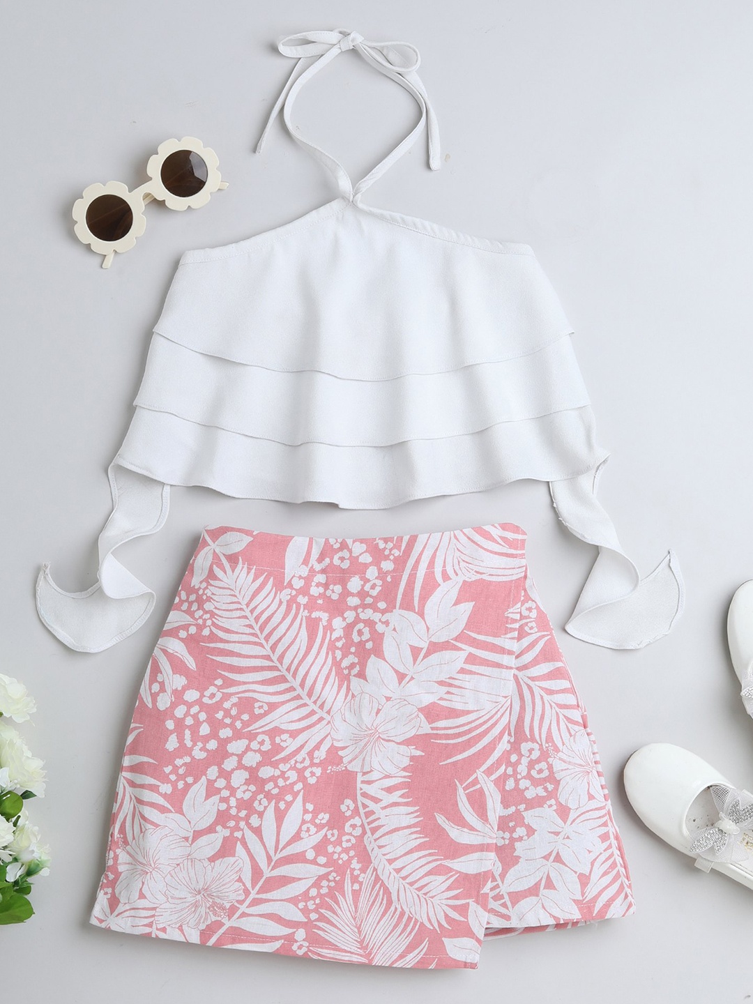 

taffykids Girls Ruffled Crop Top With Tropical Printed Skirt Set, White