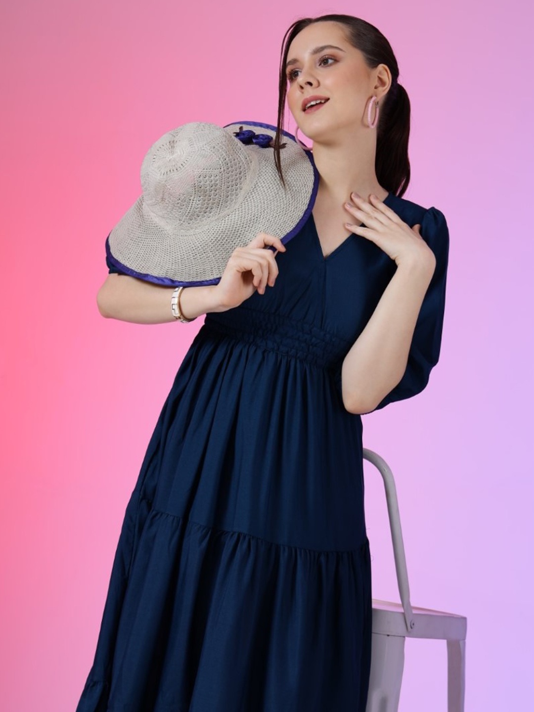 

Femvy Women V-Neck Fit & Flare Midi Dress, Blue