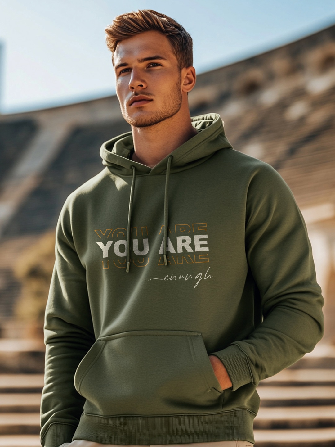 

NOBERO Men Typography Printed Hooded Sweatshirt, Olive