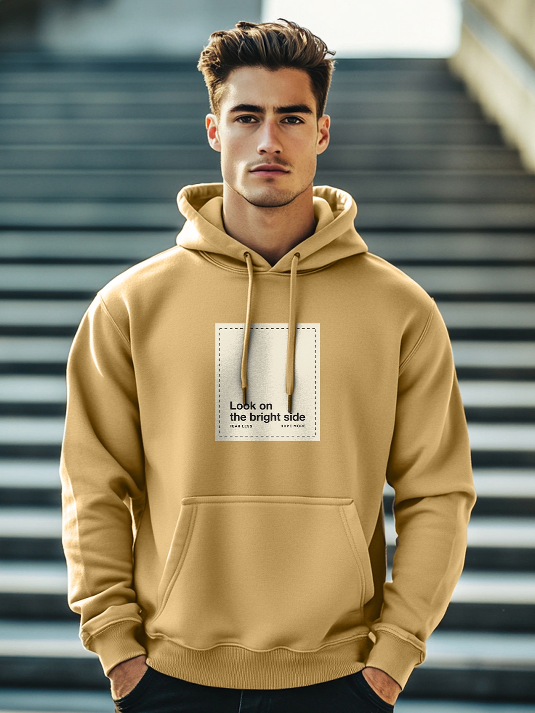 

NOBERO Men Printed Hooded Pullover Sweatshirt, Beige
