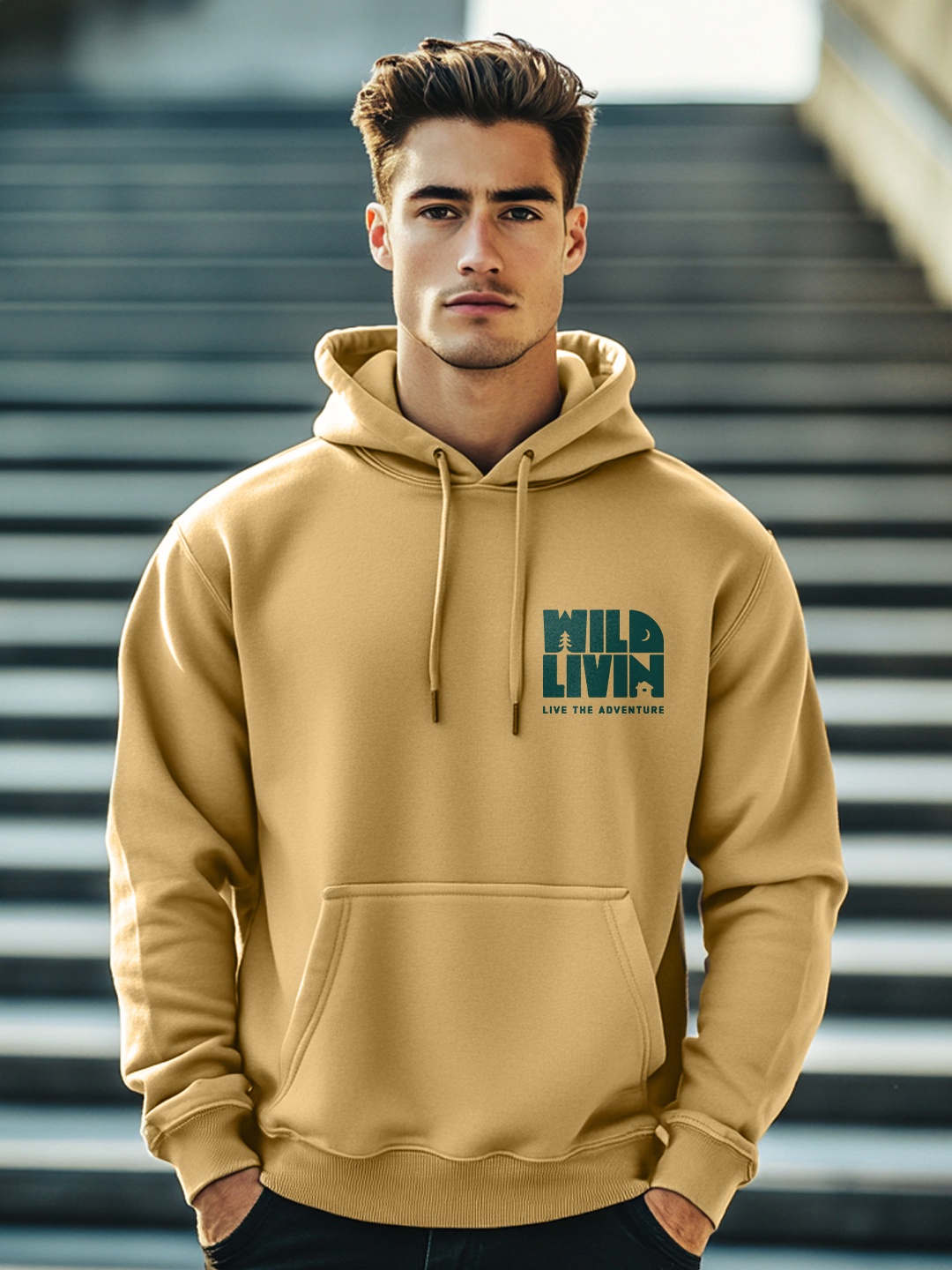 

NOBERO Men Printed Hooded Pullover Sweatshirt, Beige