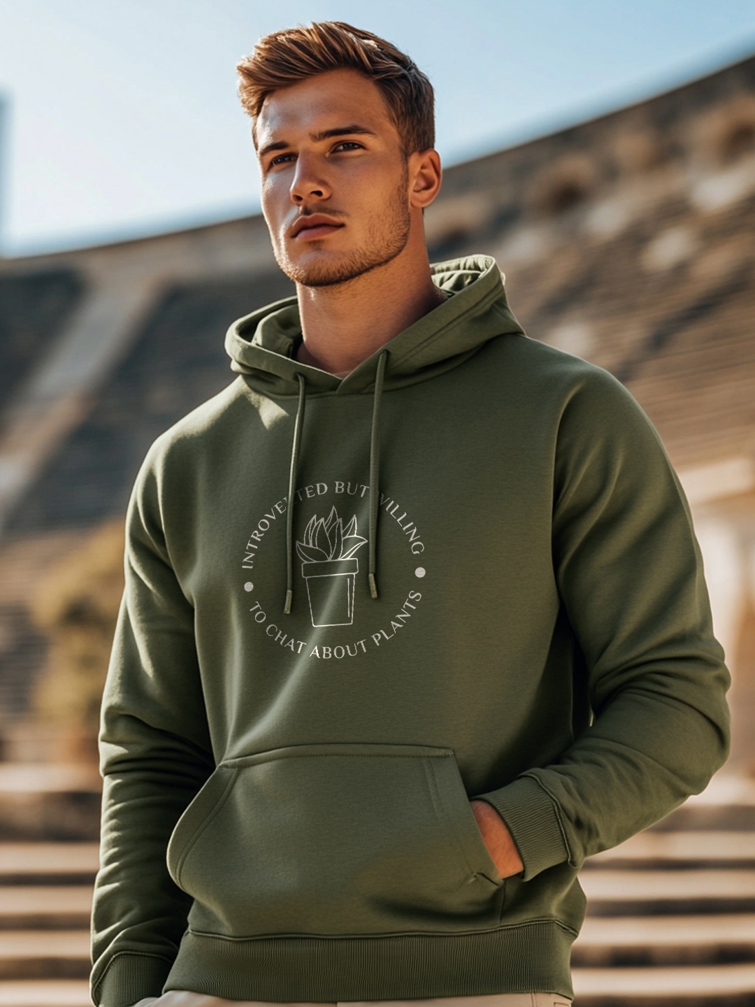 

NOBERO Men Printed Hooded Pullover Sweatshirt, Olive
