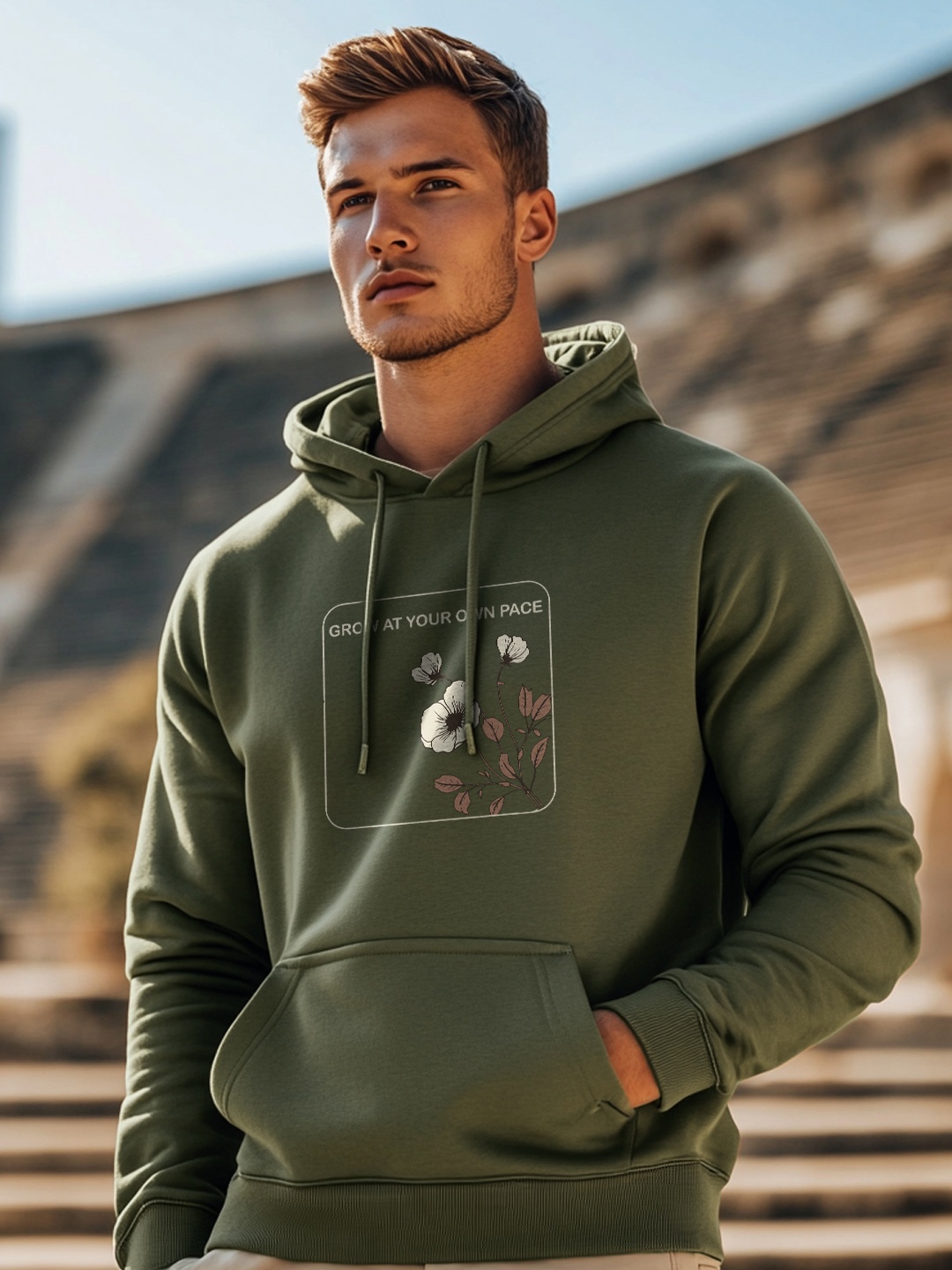 

NOBERO Men Printed Hooded Pullover Sweatshirt, Olive