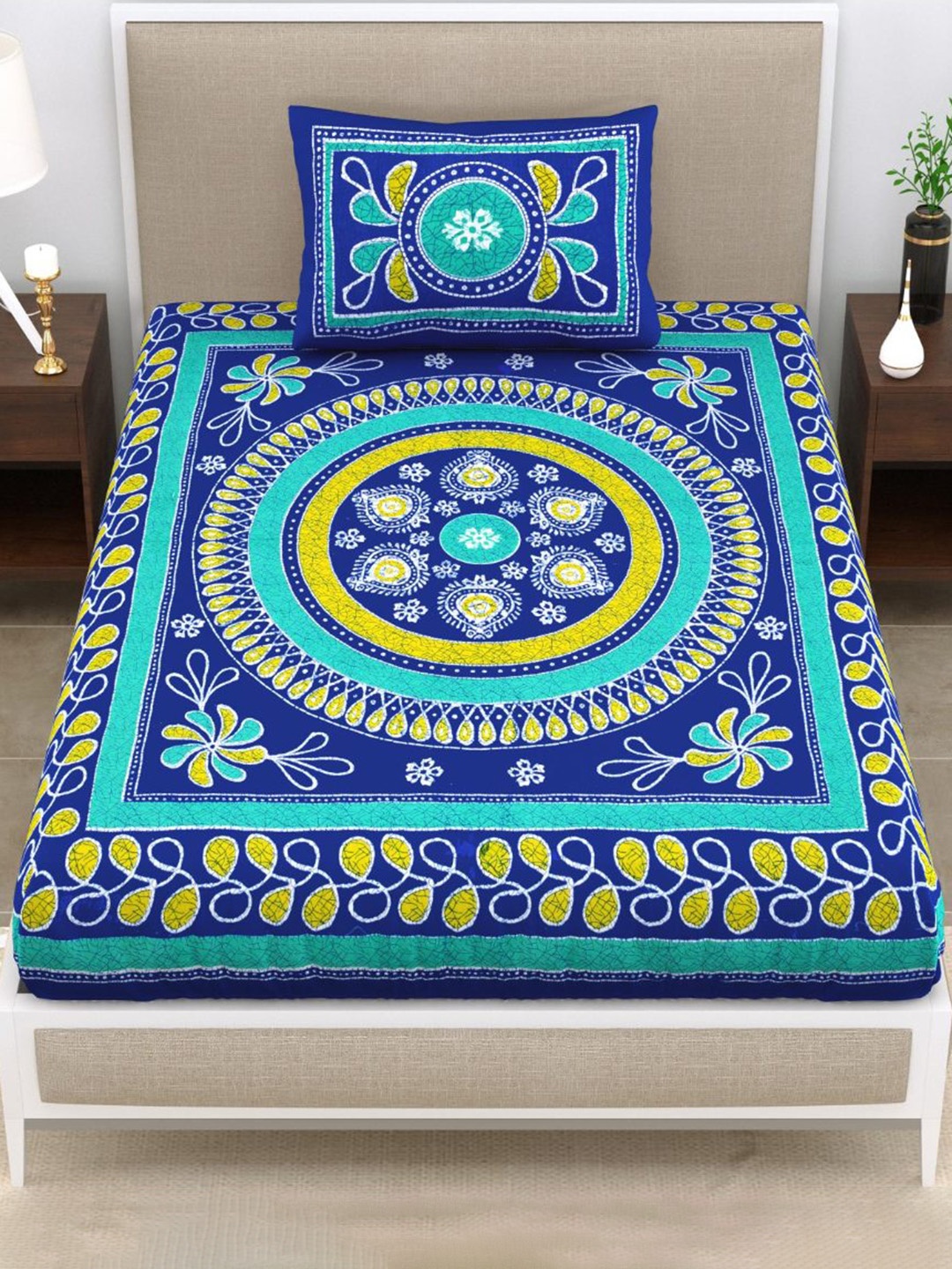 

UNIQCHOICE Blue & Yellow Floral Printed Cotton 120 TC Single Bedsheet Set 2.25 m x 1.5 m