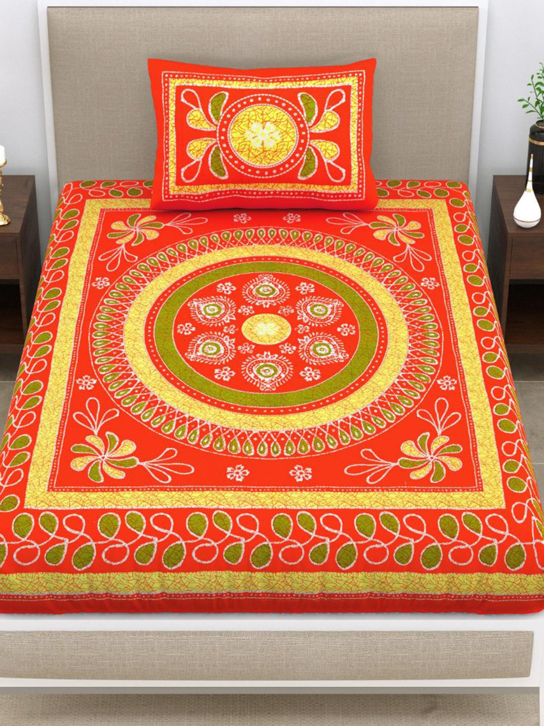 

UNIQCHOICE Orange & Yellow Floral Printed Cotton 120 TC Single Bedsheet Set 2.25 m x 1.5 m