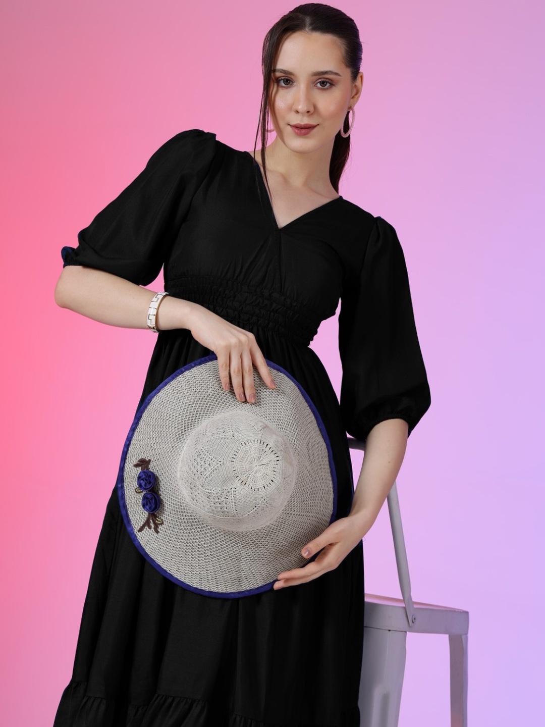 

Raiyani Enterprise Women V Neck Puff Sleeves Fit & Flare Tiered Midi Dress, Black