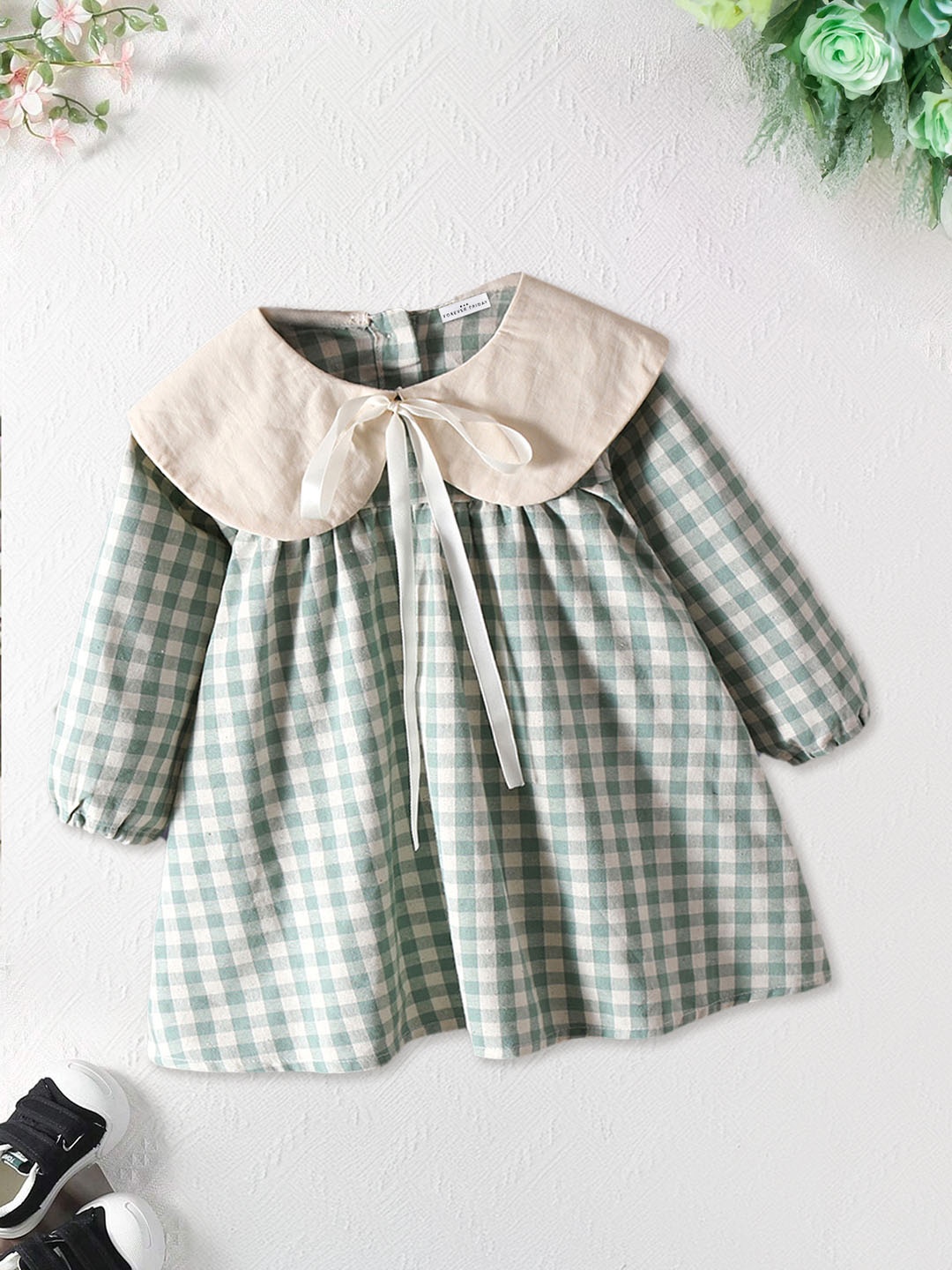 

FOREVER FRIDAY Girls Checked Peter Pan Collar Cotton A-Line Dress, Green