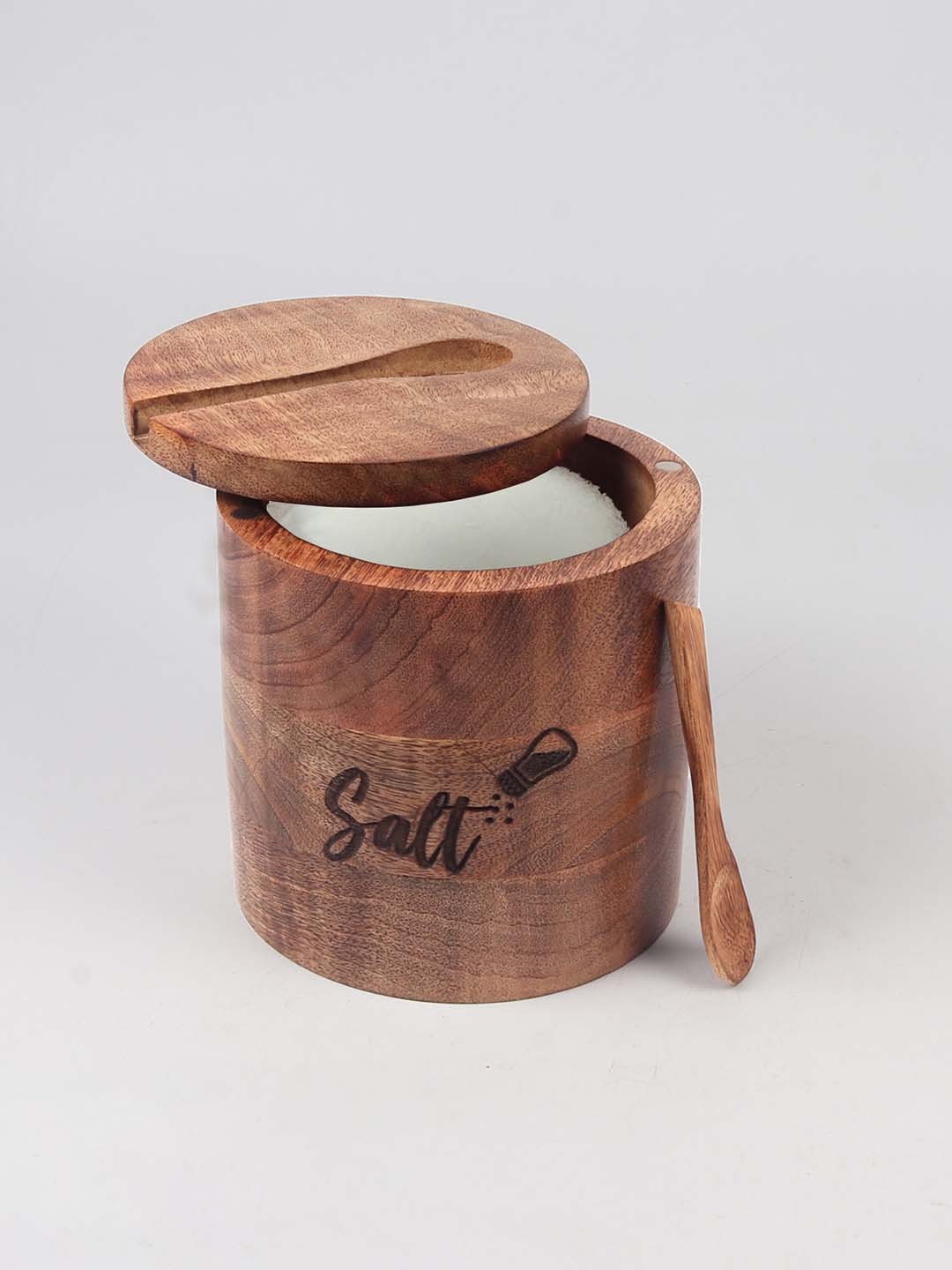 

Creation India Craft Brown Wooden Salt Storage Box With Spoon