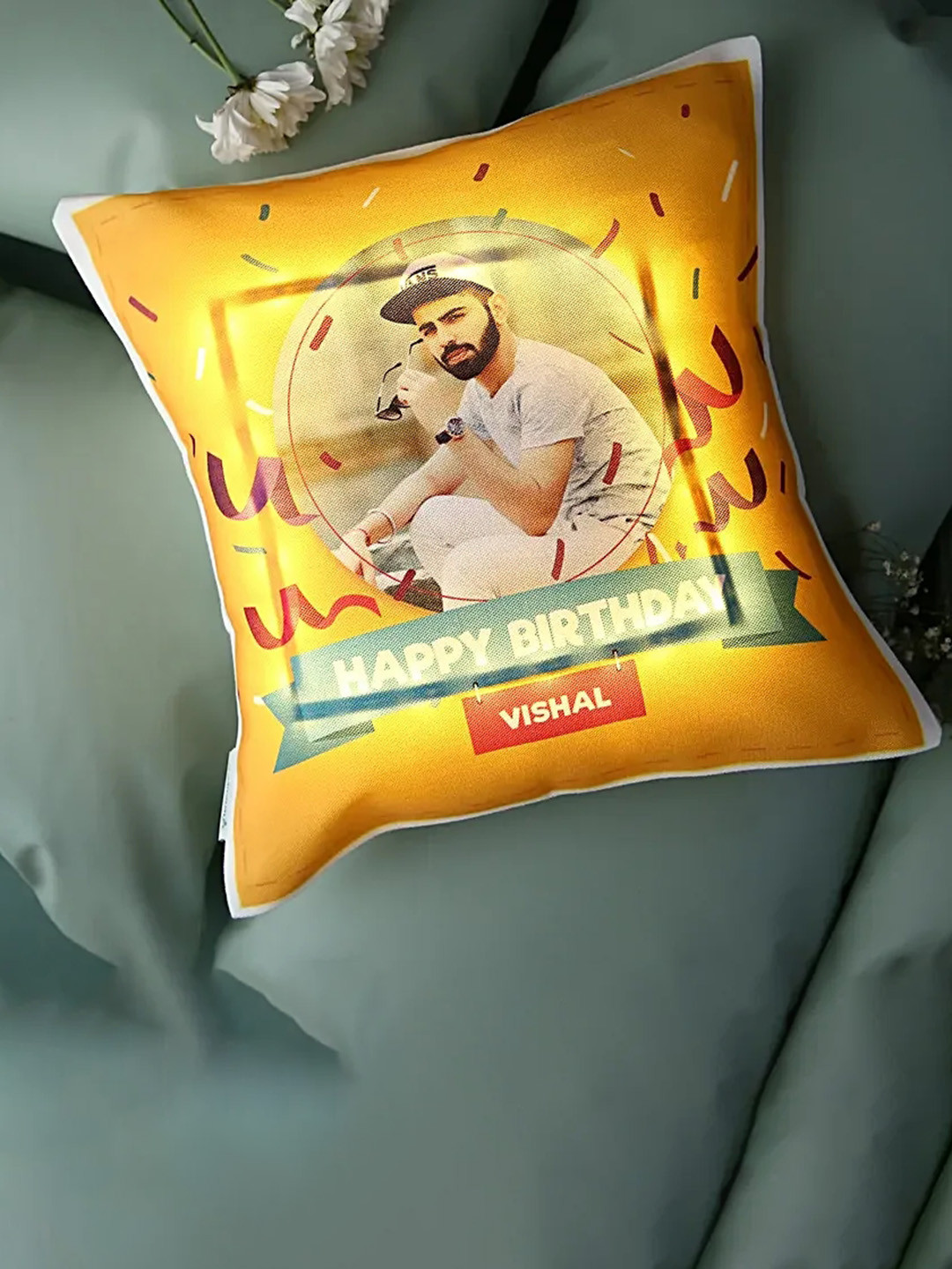

fnp Yellow & Red Printed Square Shaped Cushion With LED
