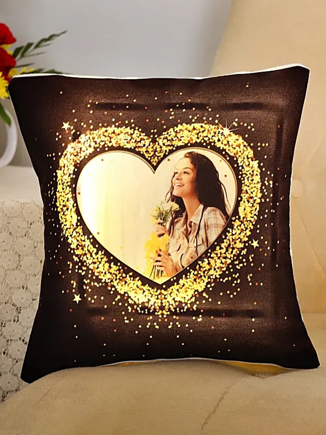 

fnp Brown & Yellow Printed Square Shaped Cushion With LED