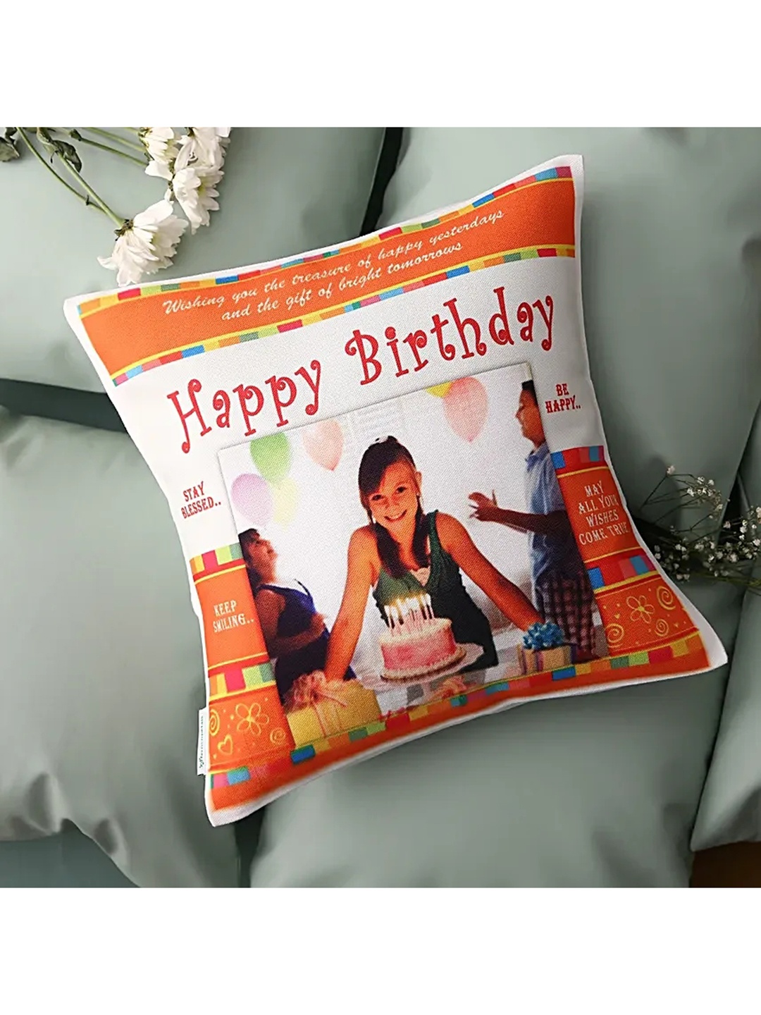 

fnp White & Orange Colored Printed Square Shaped Cushion, Red