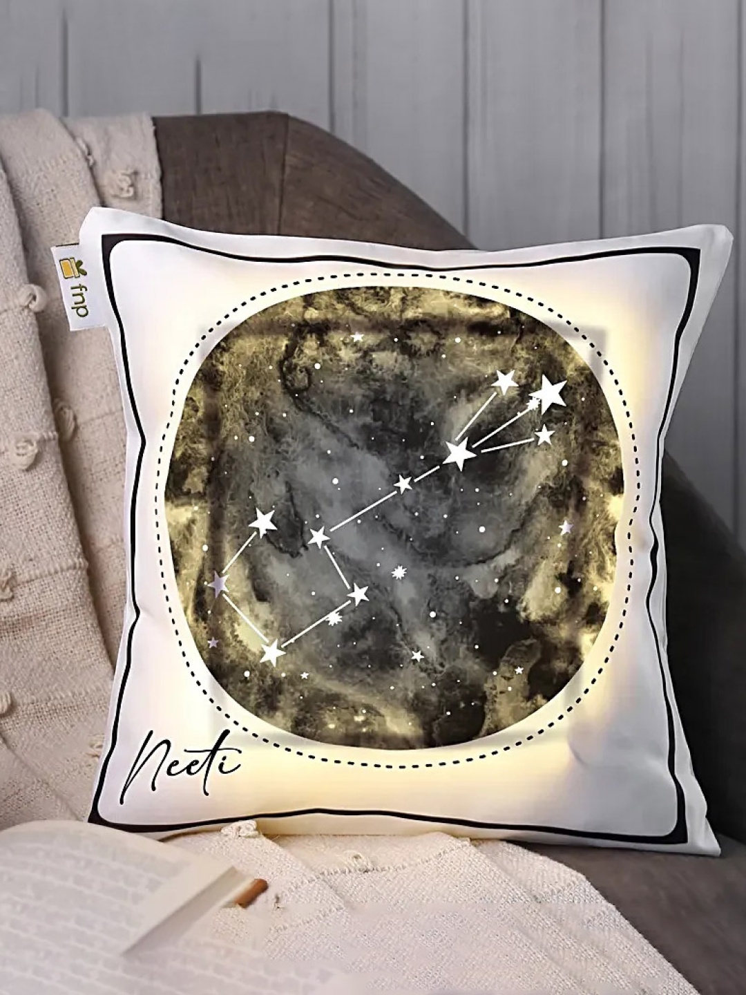 

fnp White & Black Printed Square Shaped Cushion With LED