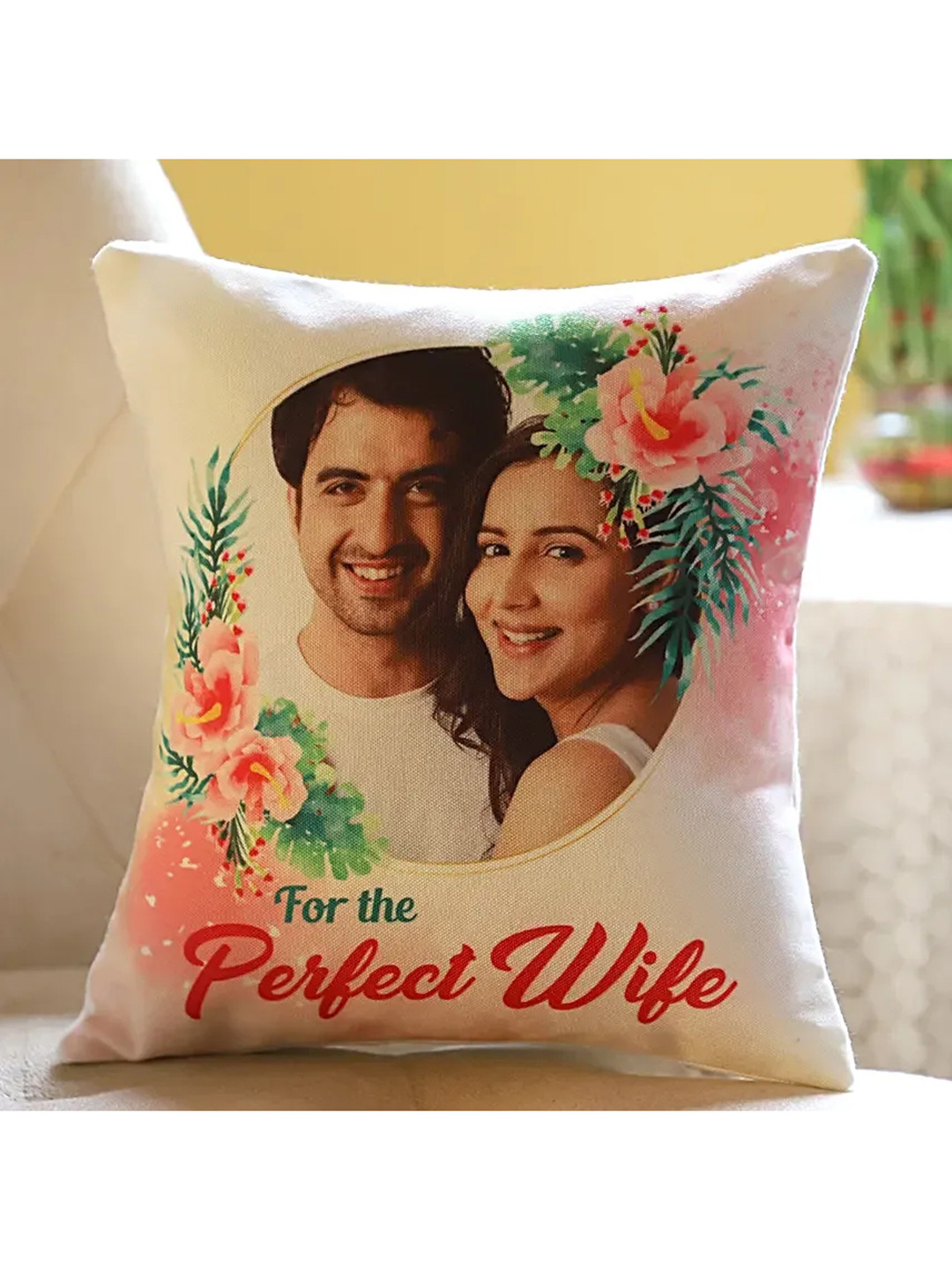 

fnp White & Pink Printed Square Shaped Pre-Filled Cushion