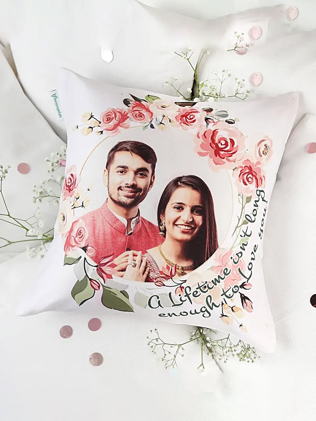 

fnp White & Peach Colored Printed Square Shaped Cushion