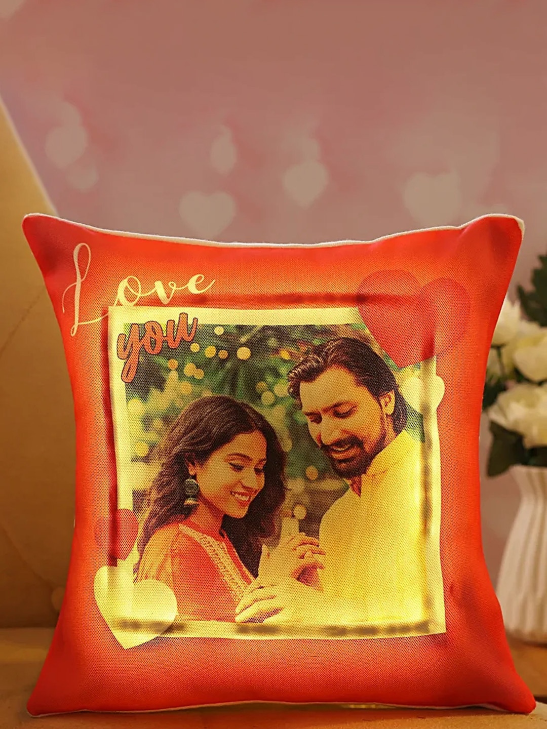 

fnp Red & Green Printed Square Shaped Pre-Filled Cushion With LED Light